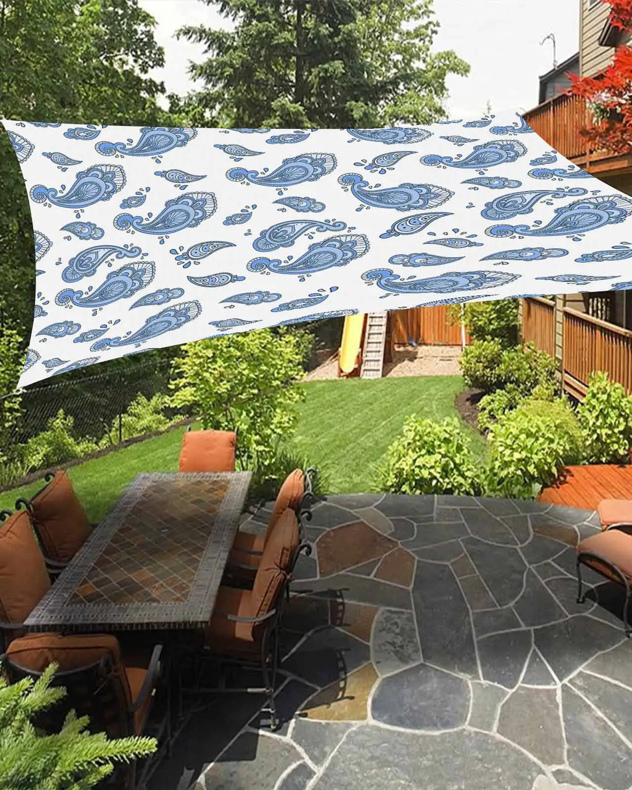 Sun Shade Sail 8x10Ft Cute Paisley Pattern Blue Bohemian Style Uv Block Sunshade Canopy Outdoor Shade Cover Rectangle Shade Cloth For Patio Garden Yard Deck Pergola