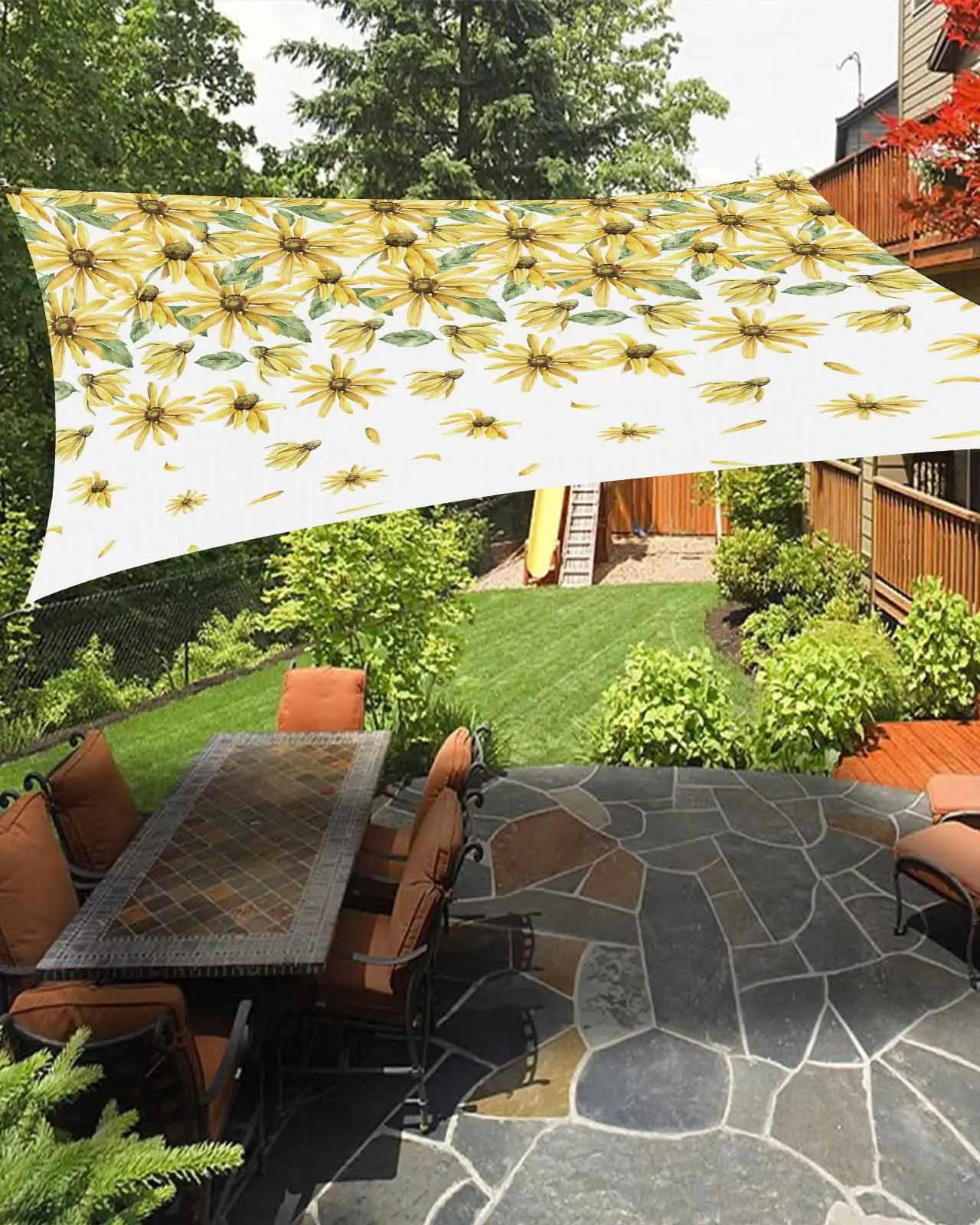 Sun Shade Sail 8x10Ft Flowers Yellow Daisy Pattern White Uv Block Sunshade Canopy Outdoor Shade Cover Rectangle Shade Cloth For Patio Garden Yard Deck Pergola