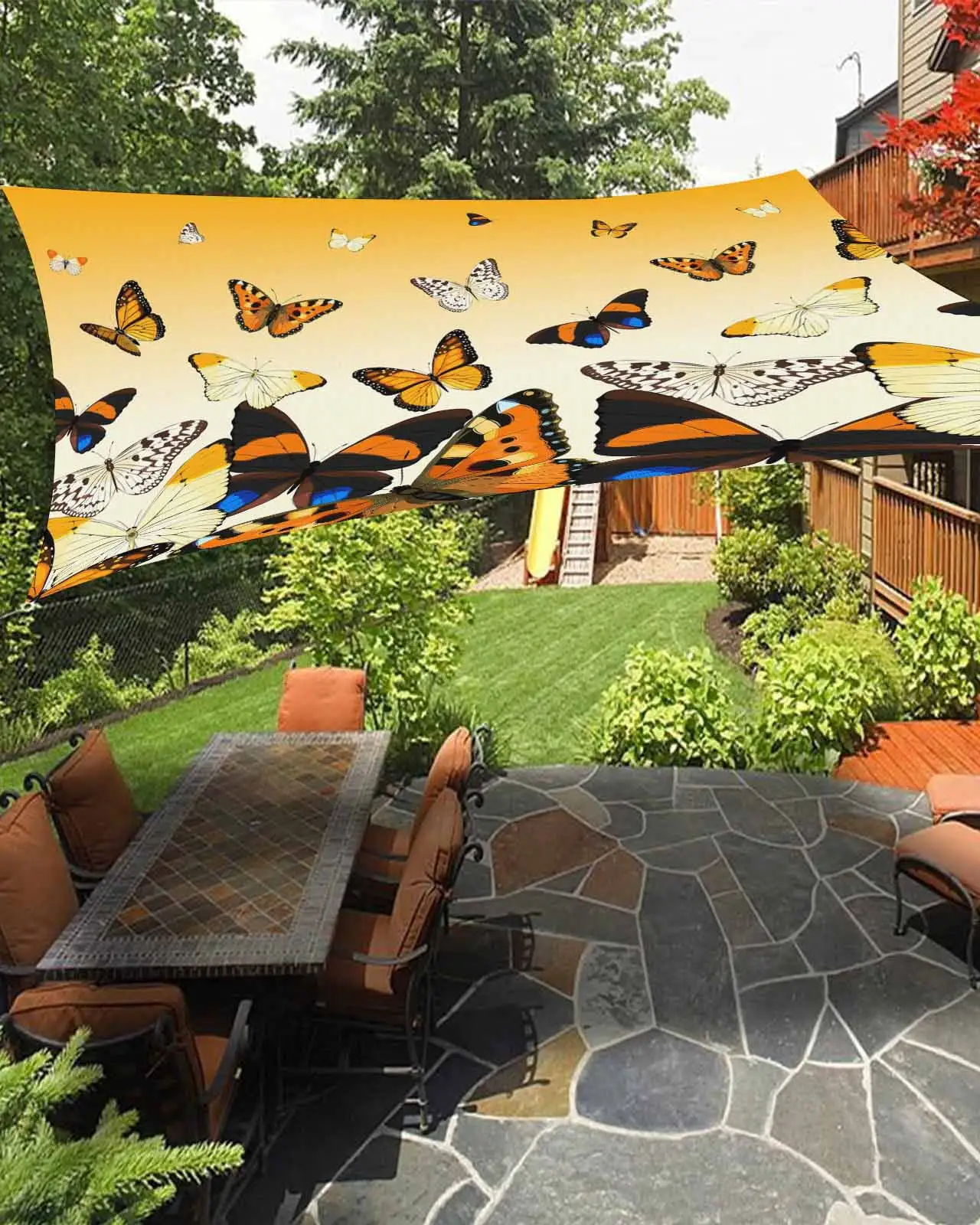 Sun Shade Sail 8x10Ft Rustic Farm Orange Gradient Butterfly Uv Block Sunshade Canopy Outdoor Shade Cover Rectangle Shade Cloth For Patio Garden Yard Deck Pergola