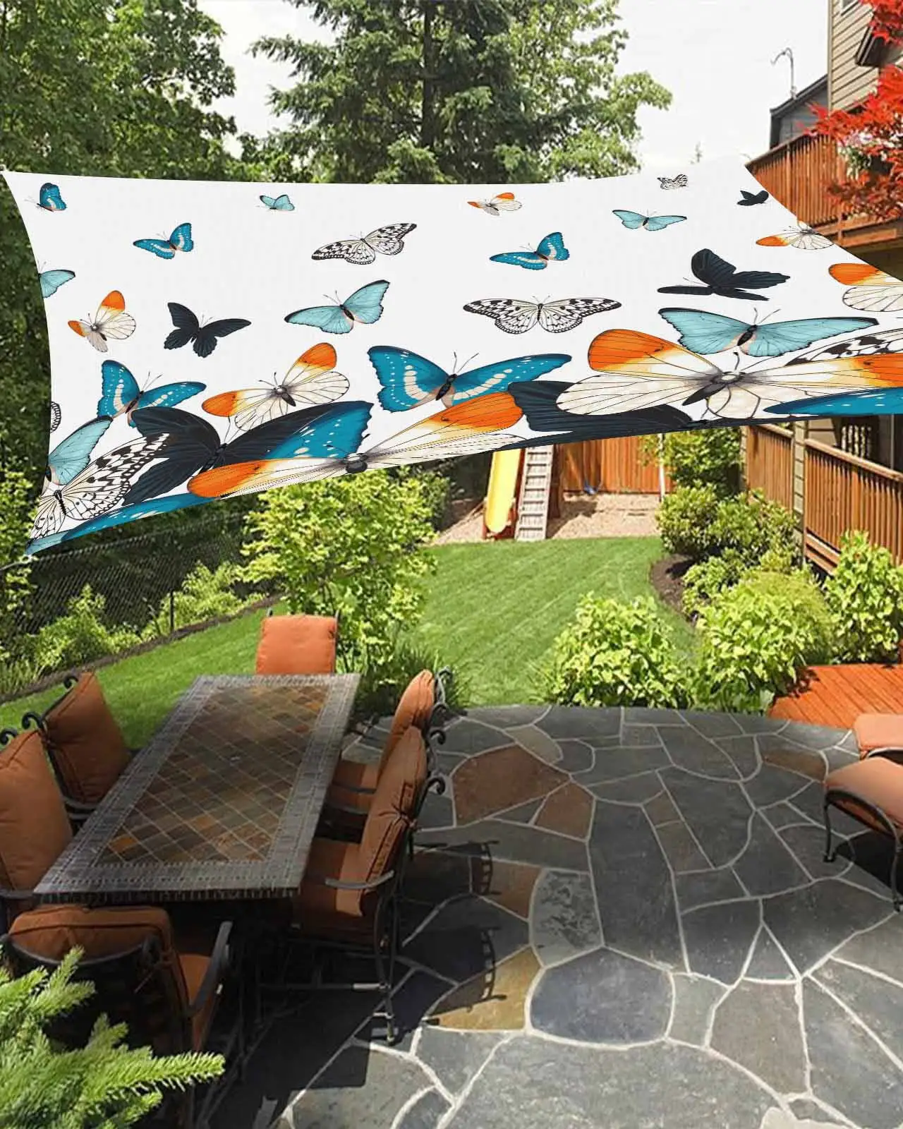 Sun Shade Sail 8x10Ft Rustic Farm Teal Blue Gradient Butterfly Uv Block Sunshade Canopy Outdoor Shade Cover Rectangle Shade Cloth For Patio Garden Yard Deck Pergola