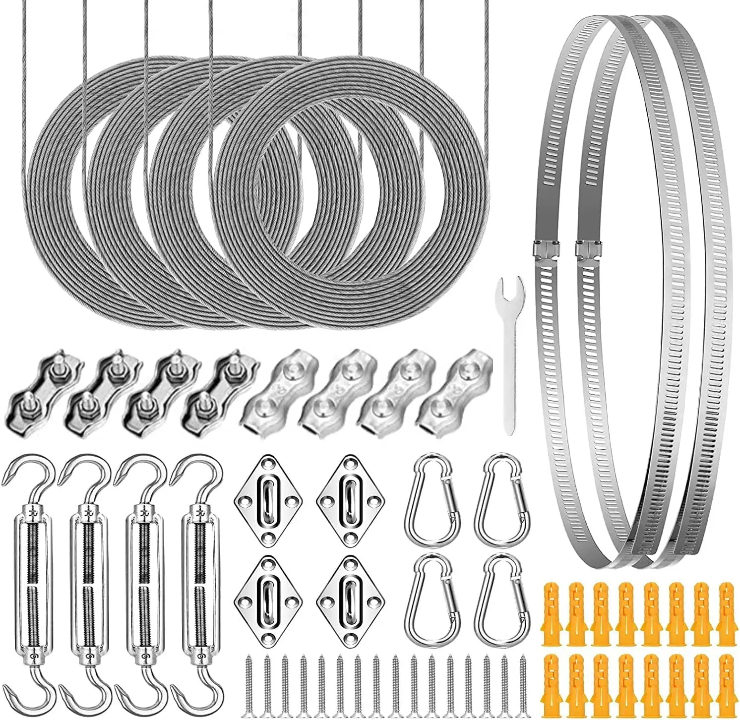 Sun Shade Sail Hardware Kit 6 inch with 4pcs 4 * 12ft Cable Wire Rope 304 Stainless Steel for Patio. Garden Triangle Rectangle and Square Sun Shade Sails Installation 59 pcs