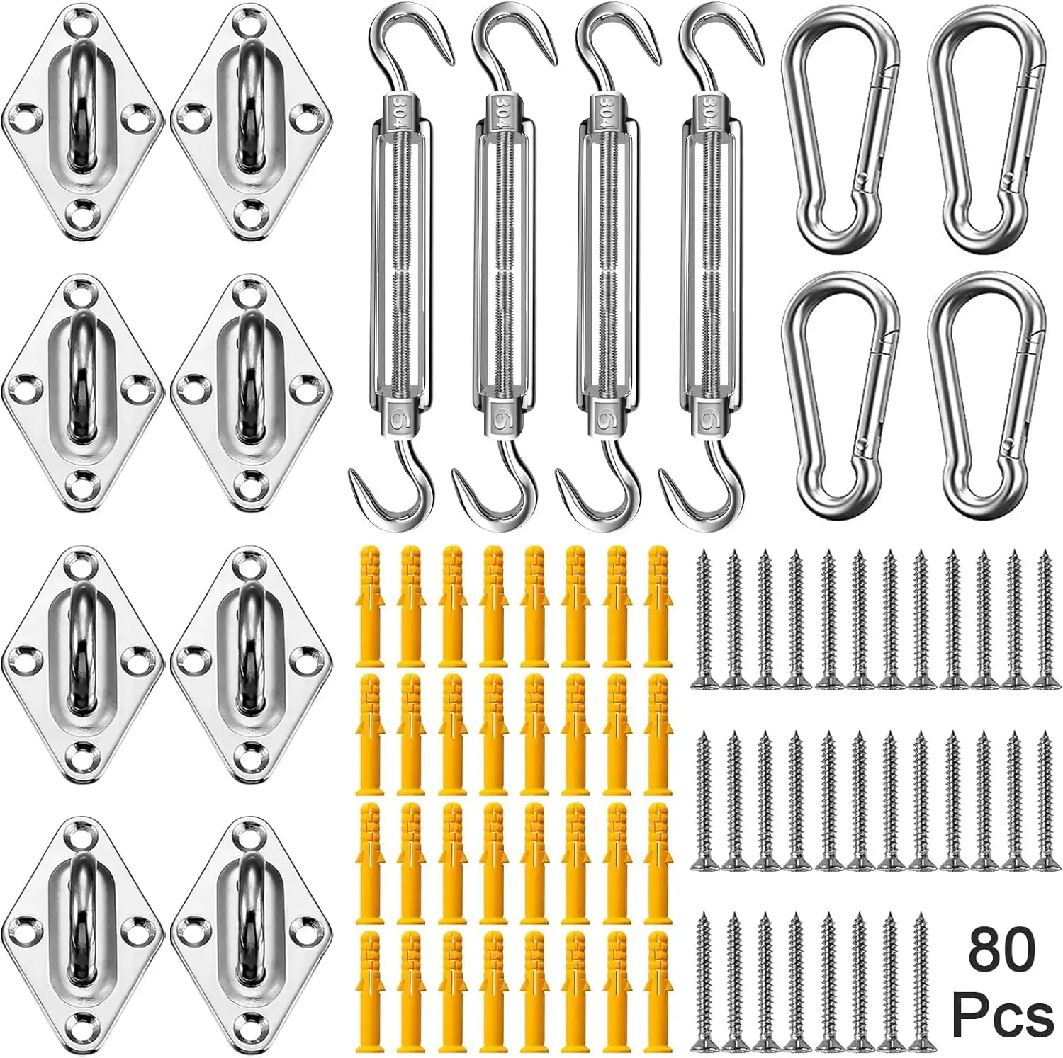 Sun Shade Sail Hardware Kit 80pcs for Rectangle Triangle Sun Shade Sails Canopy Installation 304 Stainless Steel Accessories Set for Outdoor Garden (4 * 6inch M6 Turnbuckles)