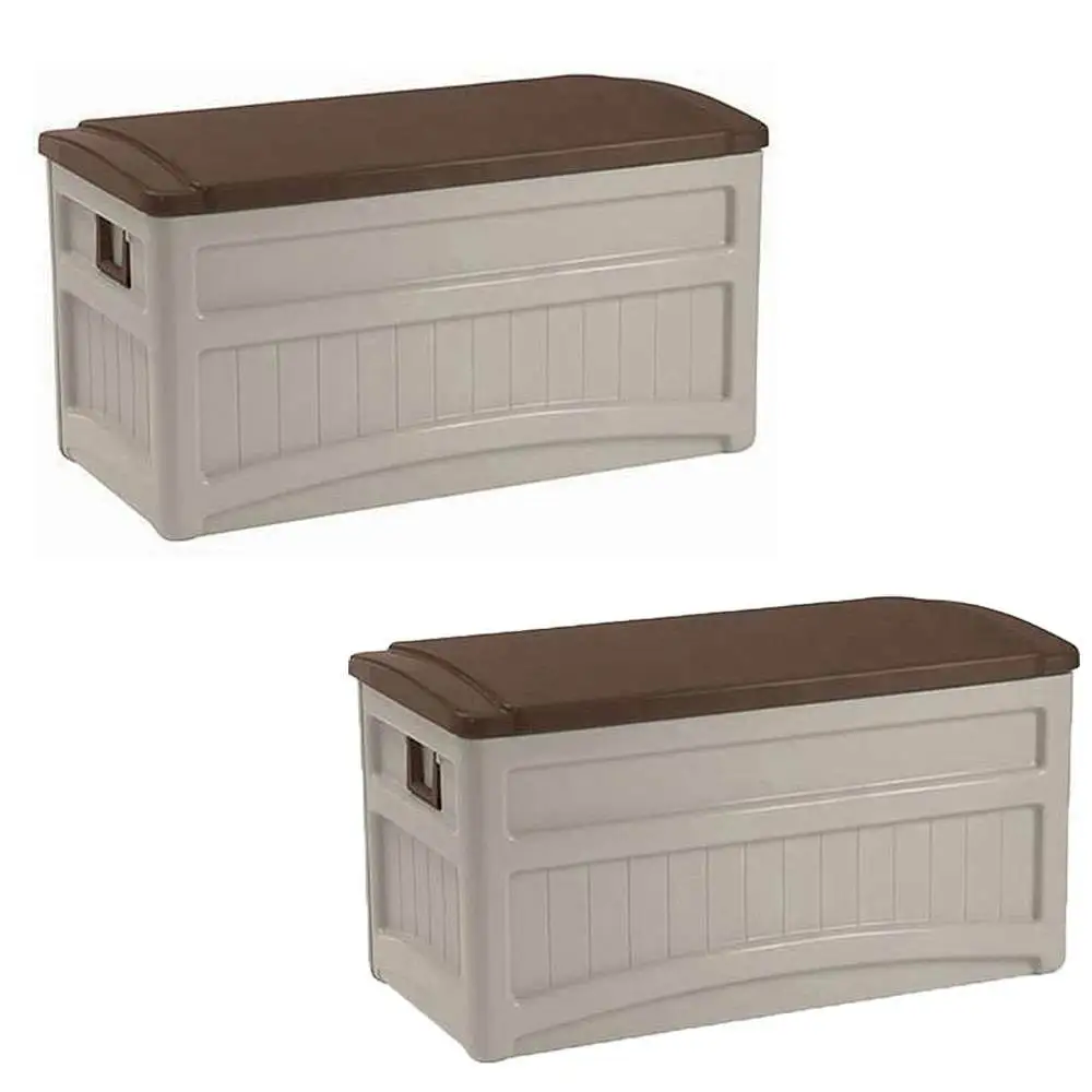 Suncast 73 Gallon Outdoor Patio Resin Deck Storage Box w/ Wheels. Taupe (2 Pack)