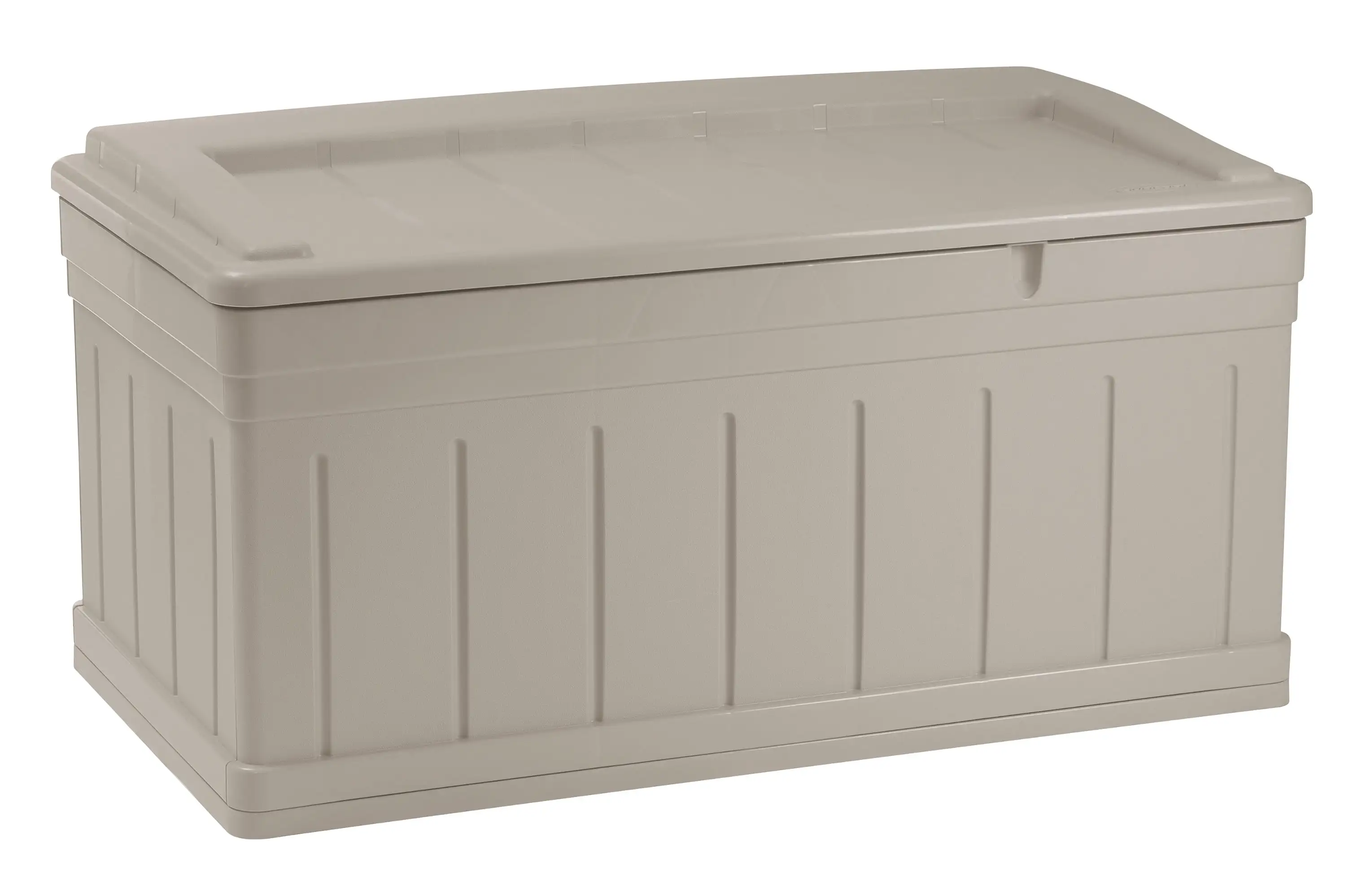 Suncast Horizontal 129 Gallon Stay Dry Outdoor Deck Storage Box Resin with Seat. Taupe. 10.1 in D x 10.1 in H x 10.1 in W. 47 lb