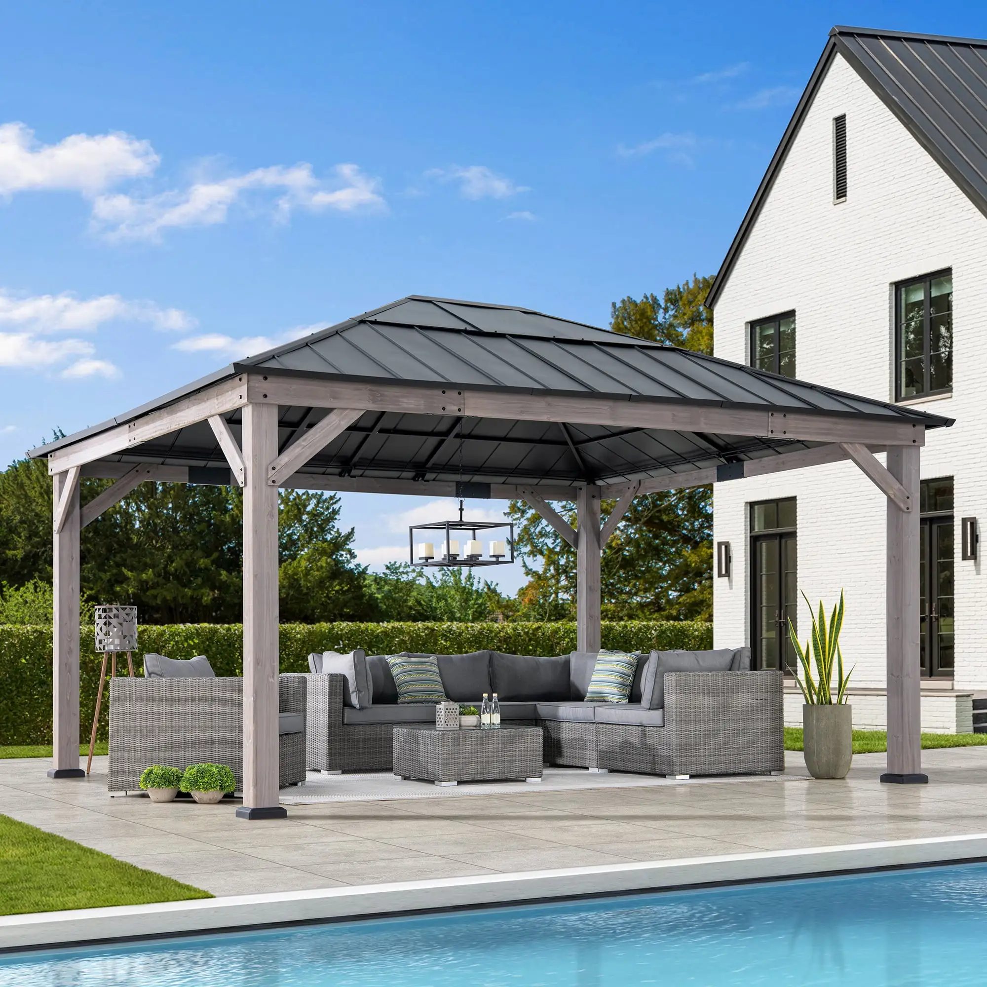 Sunjoy 13 ft. x 15 ft. Cedar Framed Gazebo with Black Steel and Polycarbonate Hip Roof Hardtop