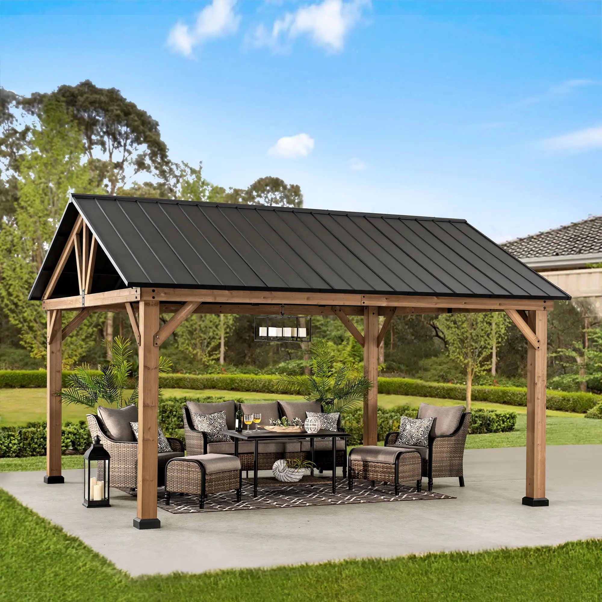 Sunjoy 13 ft. x 15 ft. Outdoor Patio Hardtop Gazebo. Wooden Frame Metal Gazebo with Black Steel Gable Roof. Suitable for Patios. Lawn and Backyard