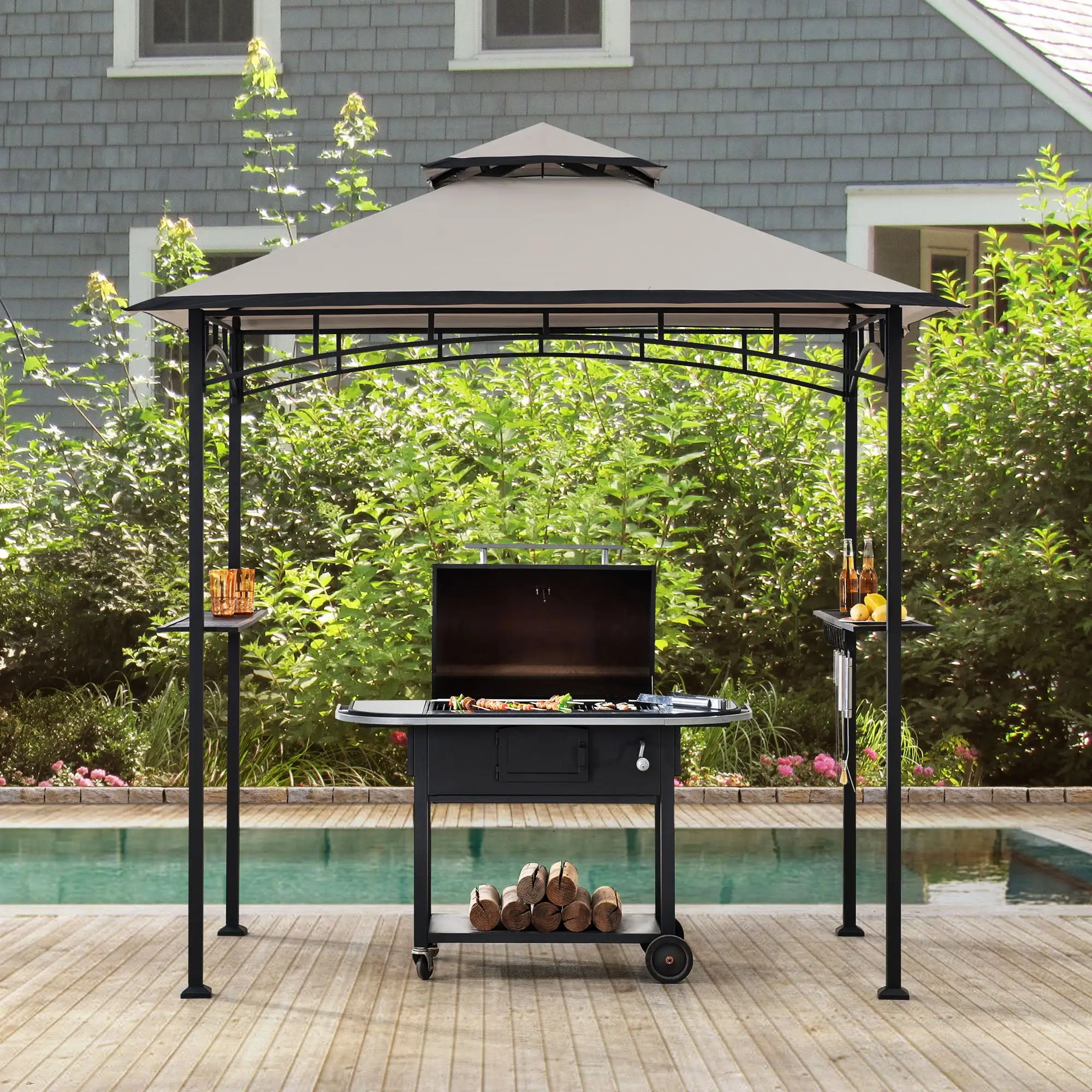 Sunjoy 5 x 8 ft Black Steel Frame Double Tiered Canopy Grill Gazebo for Outdoor. Patio. Garden. and Backyard Activities.Gray and Black