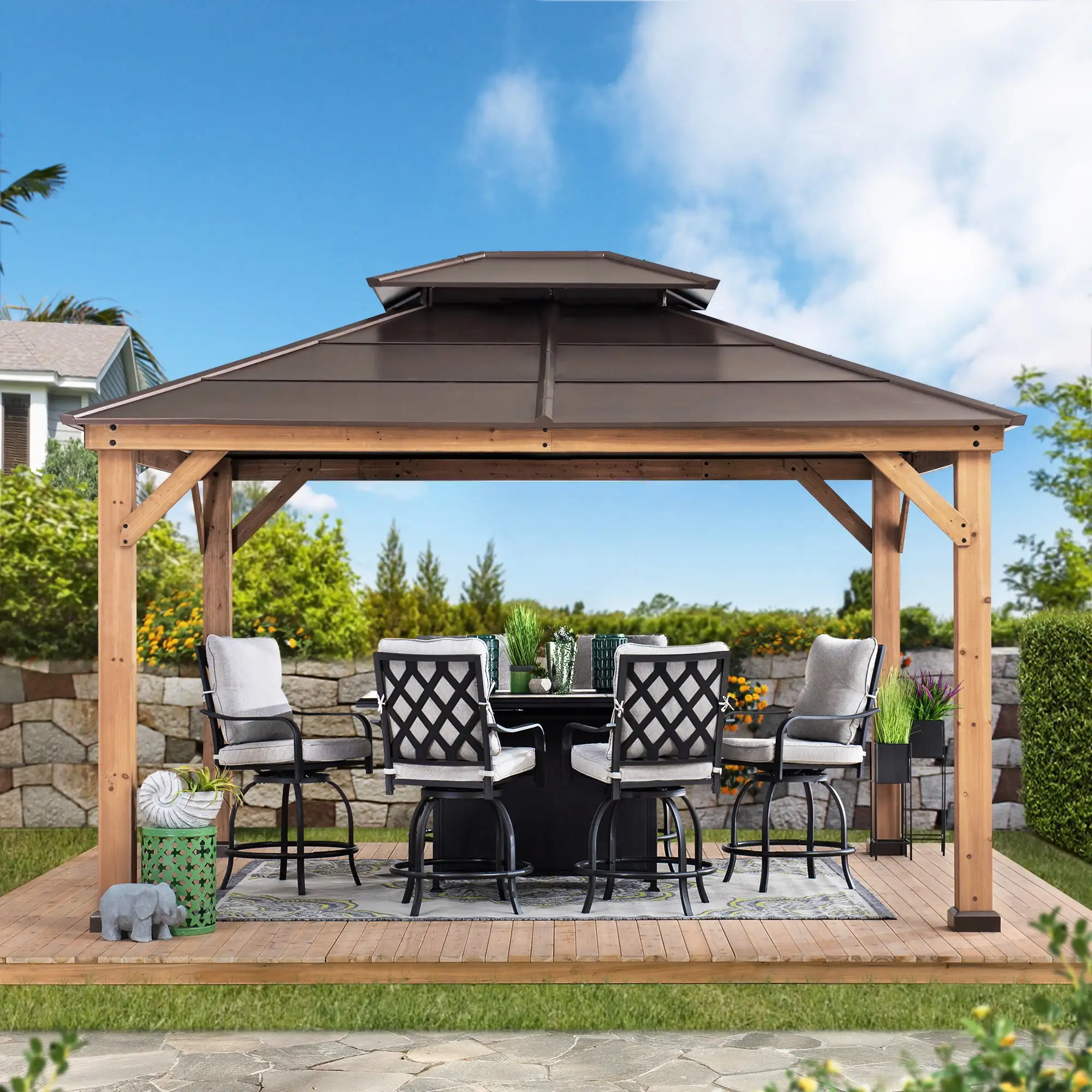 Sunjoy Chapman 11 x 13 ft. Outdoor Patio Cedar Framed Gazebo with Brown Double Steel Hardtop Roof for Garden. Backyard Shade