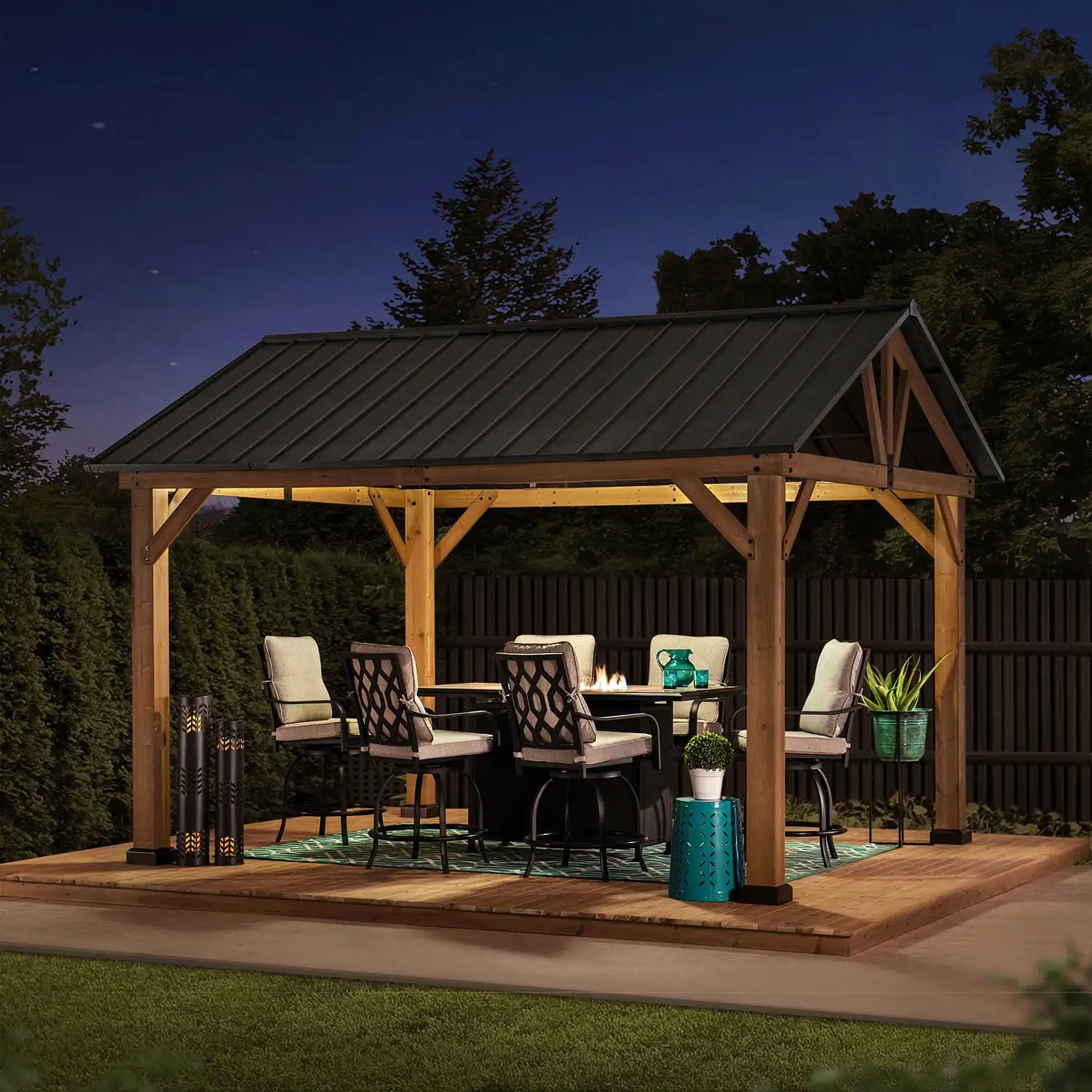 Sunjoy Helena Collection 11 x 13 ft. Outdoor Patio Premium Cedar Wood Frame Gazebo with Matte Black Steel Gable Hardtop Roof