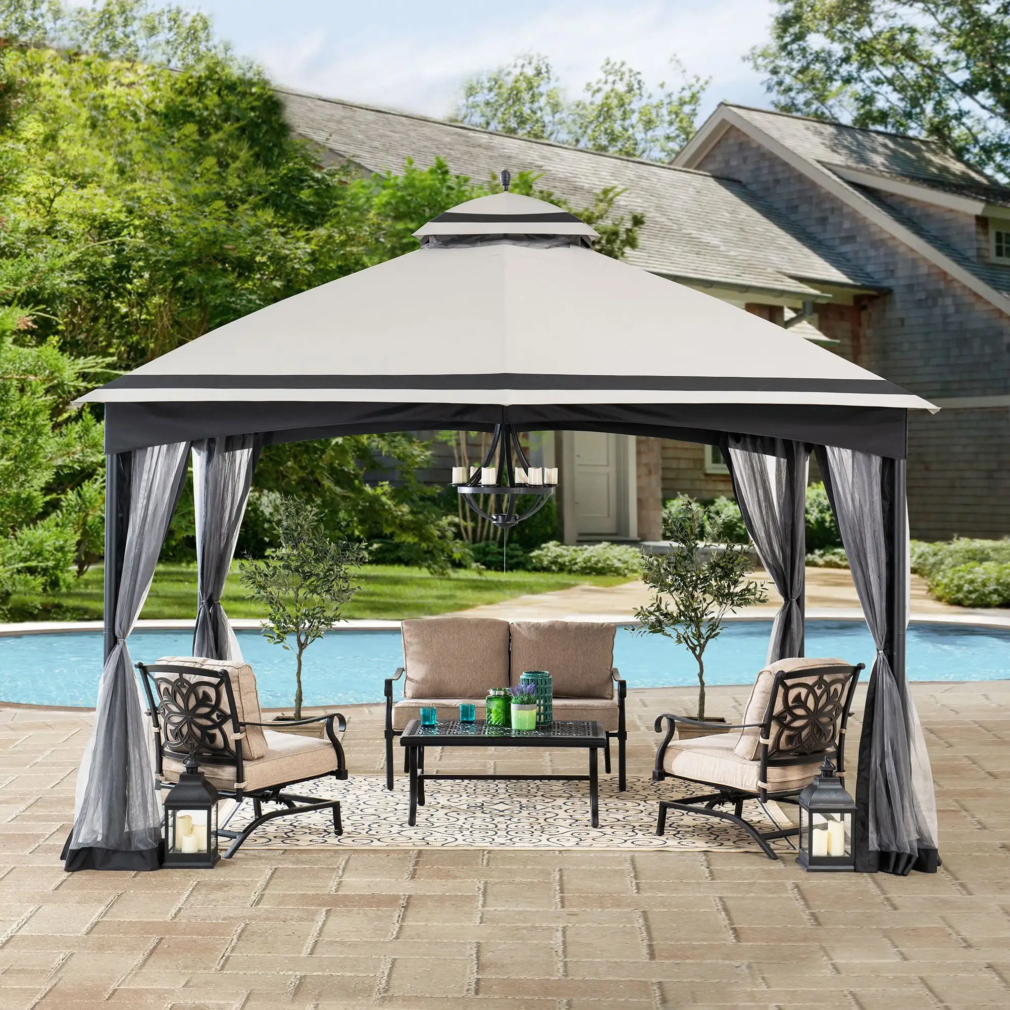 Sunjoy Katy 10 ft. x 12 ft. Gray and Black 2-tier Steel Gazebo with Mosquito Netting