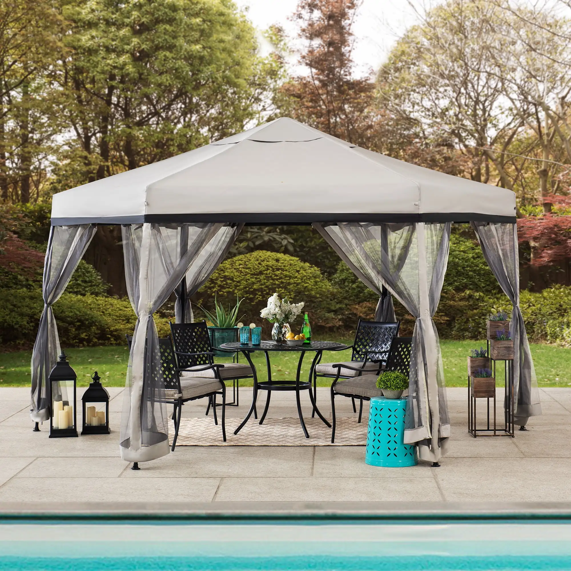 Sunjoy Millbrook 11 ft. x 11 ft. Gray and Black 2-tone Pop Up Portable Hexagon Steel Gazebo with Mosquito Netting