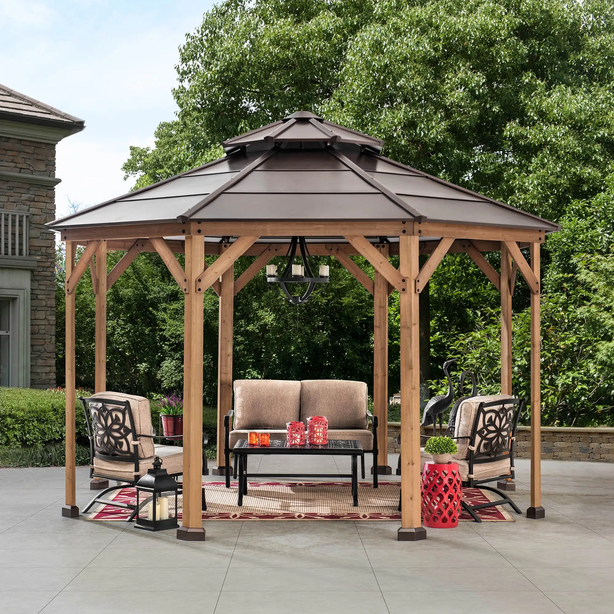 Sunjoy Nebraska Collection 13 ft. x 13 ft. Cedar Framed Octagon Gazebo with Brown Steel 2-tier Hardtop Roof.