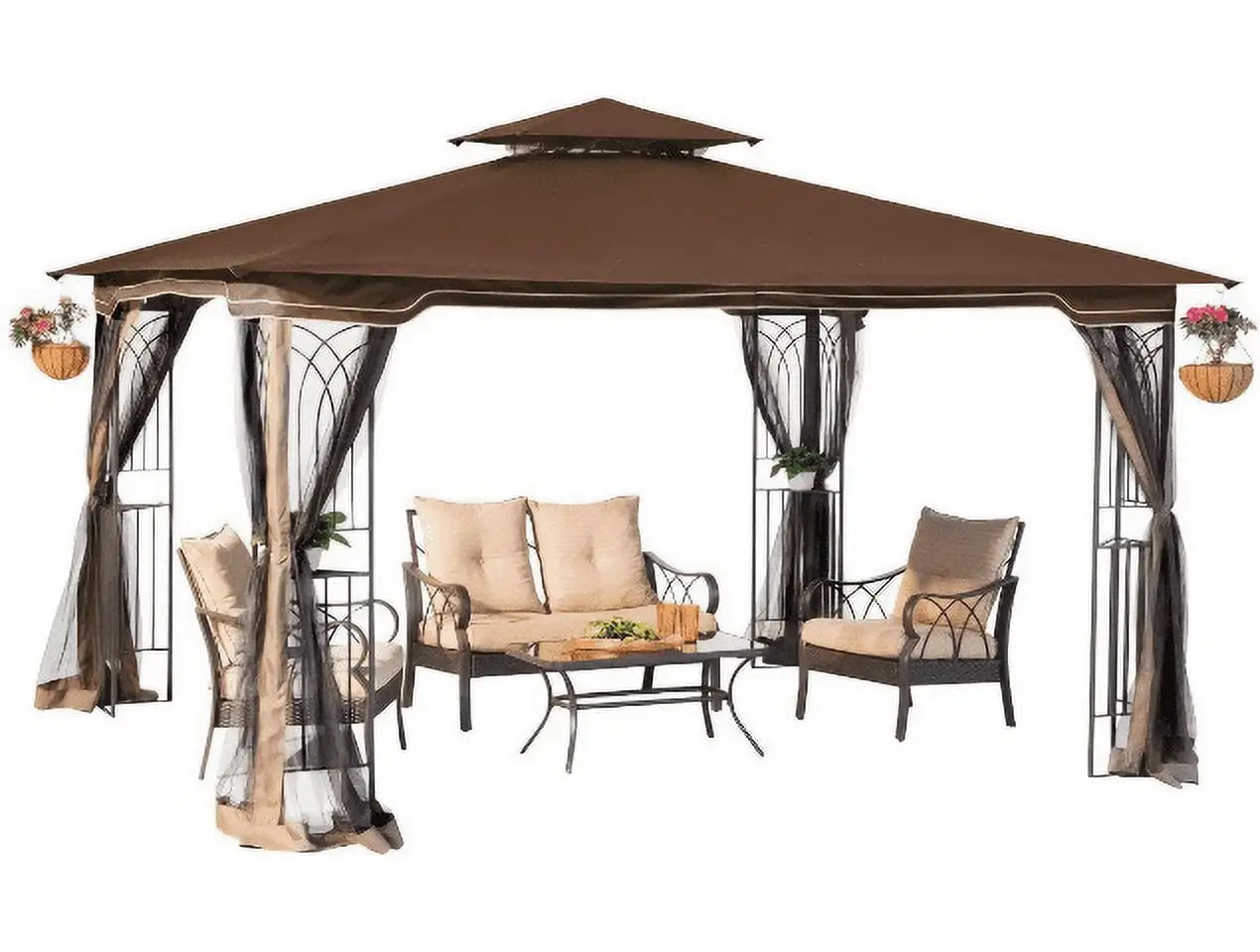 Sunjoy Regency 10x12 Gazebo with Mosquito Netting. Plant Rings. Corner Shelves. Ground Stakes and Center Hook