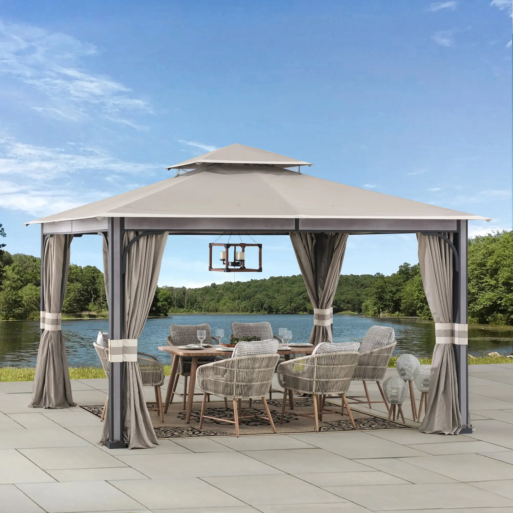 Sunjoy Roberts Outdoor Patio Steel Frame11 x 13 ft. 2-Tier Soft Top Gazebo with Light Gray Canopy Roof. Netting. and Curtains