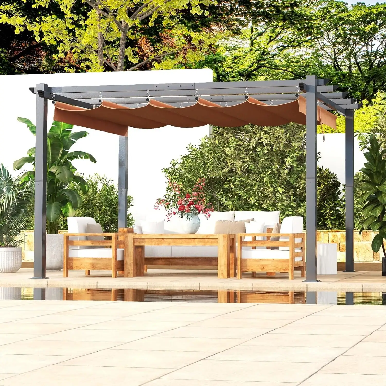 Sunmthink 10'x10' Outdoor Retractable Pergola. with Sun-Proof Canopy. Patio Metal Pergolas Gazebos for Backyards. Gardens. Patios. Beige