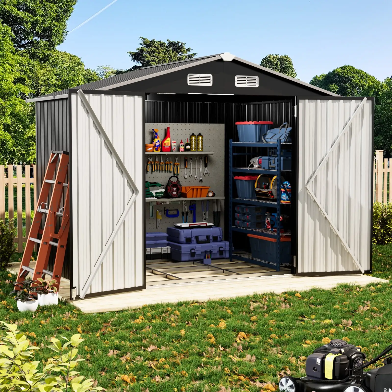 Sunmthink 8'x 6' Outdoor Storage Shed with Base Frame. Tool Storage Shed with Double Lockable Door. Black(Floor not included)