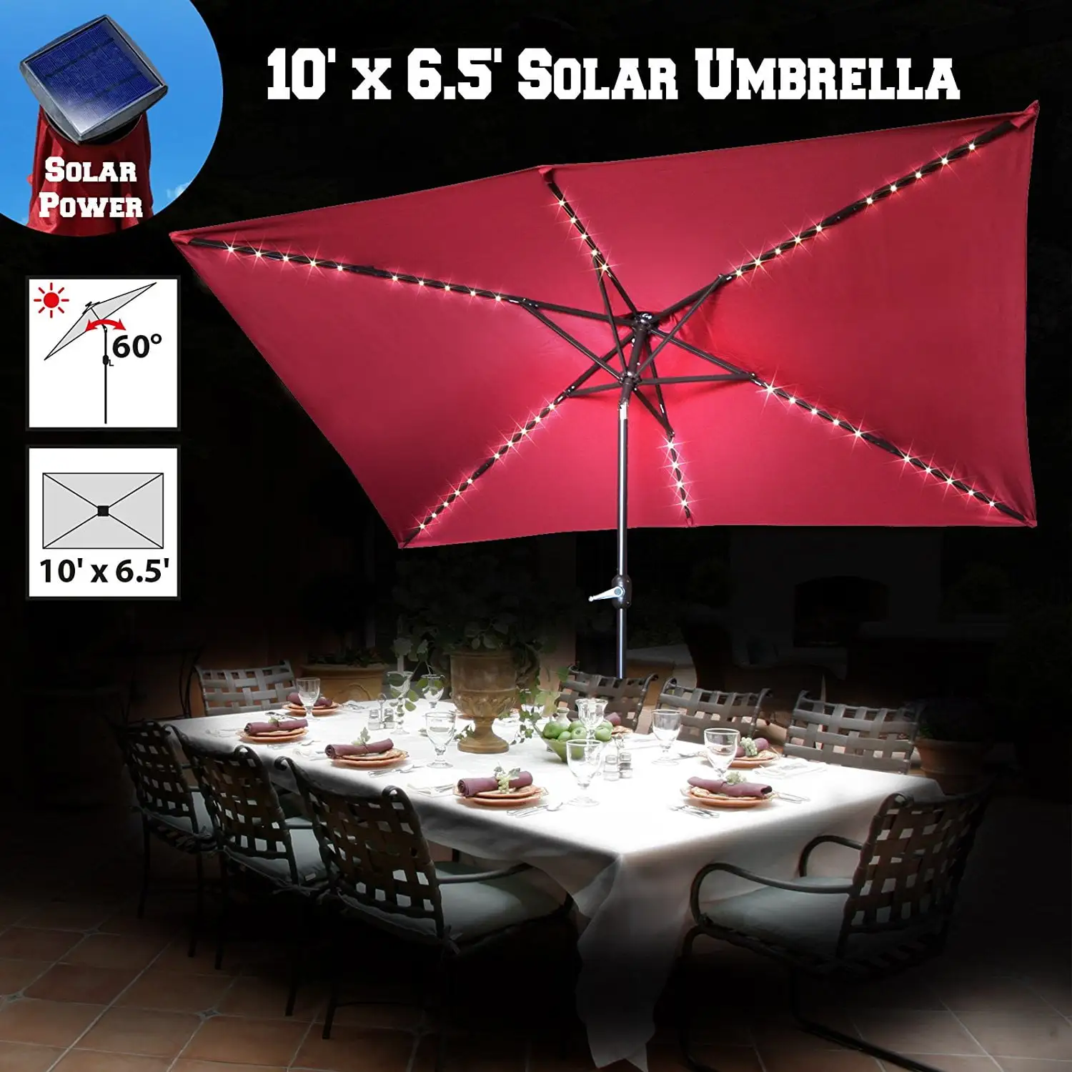 Sunny 10' X 6.5' Rectangle Patio Umbrella Solar Powered 50 LED Light Poolside Crank Tilt Outdoor Garden Sunshade (Burgundy)