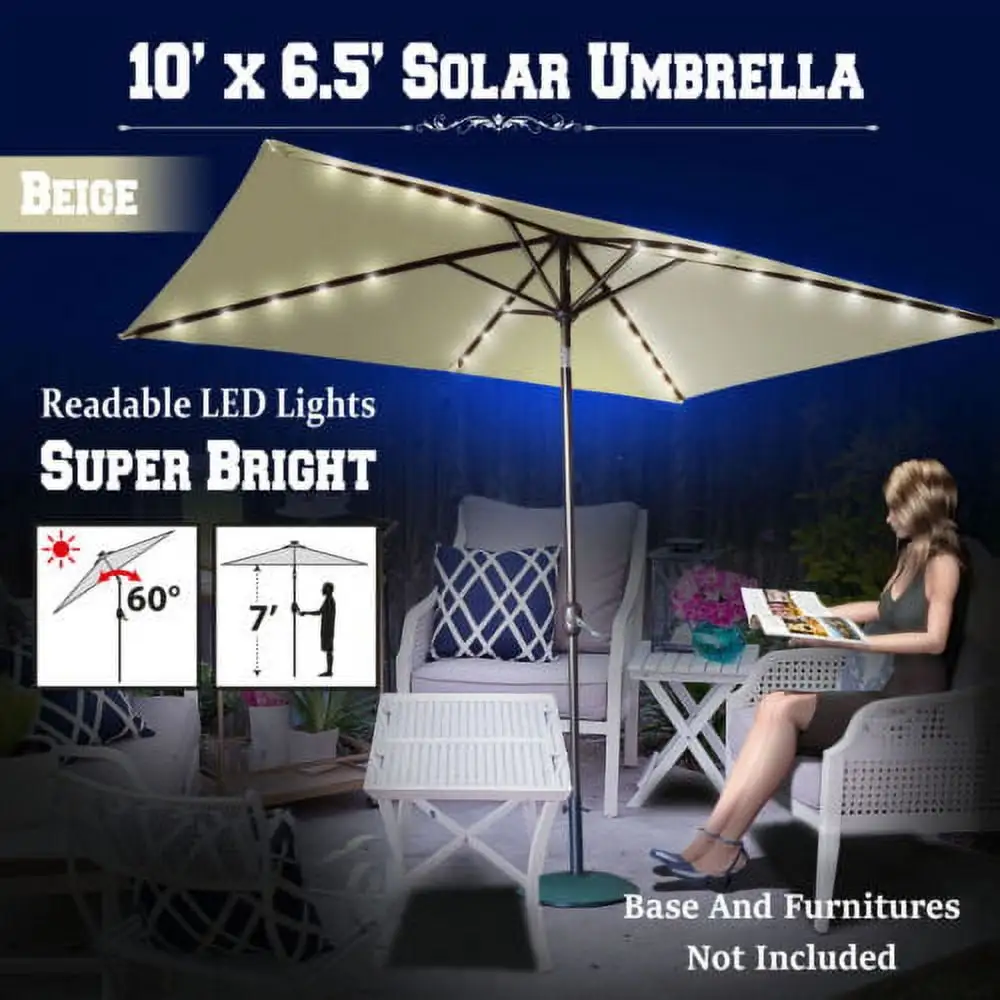 Sunny 10'x6.5' OUTDOOR SOLAR 26 LED LIGHTS ALUMINIUM PATIO UMBRELLA RECTANGLE TILT-BEIGE COLOR