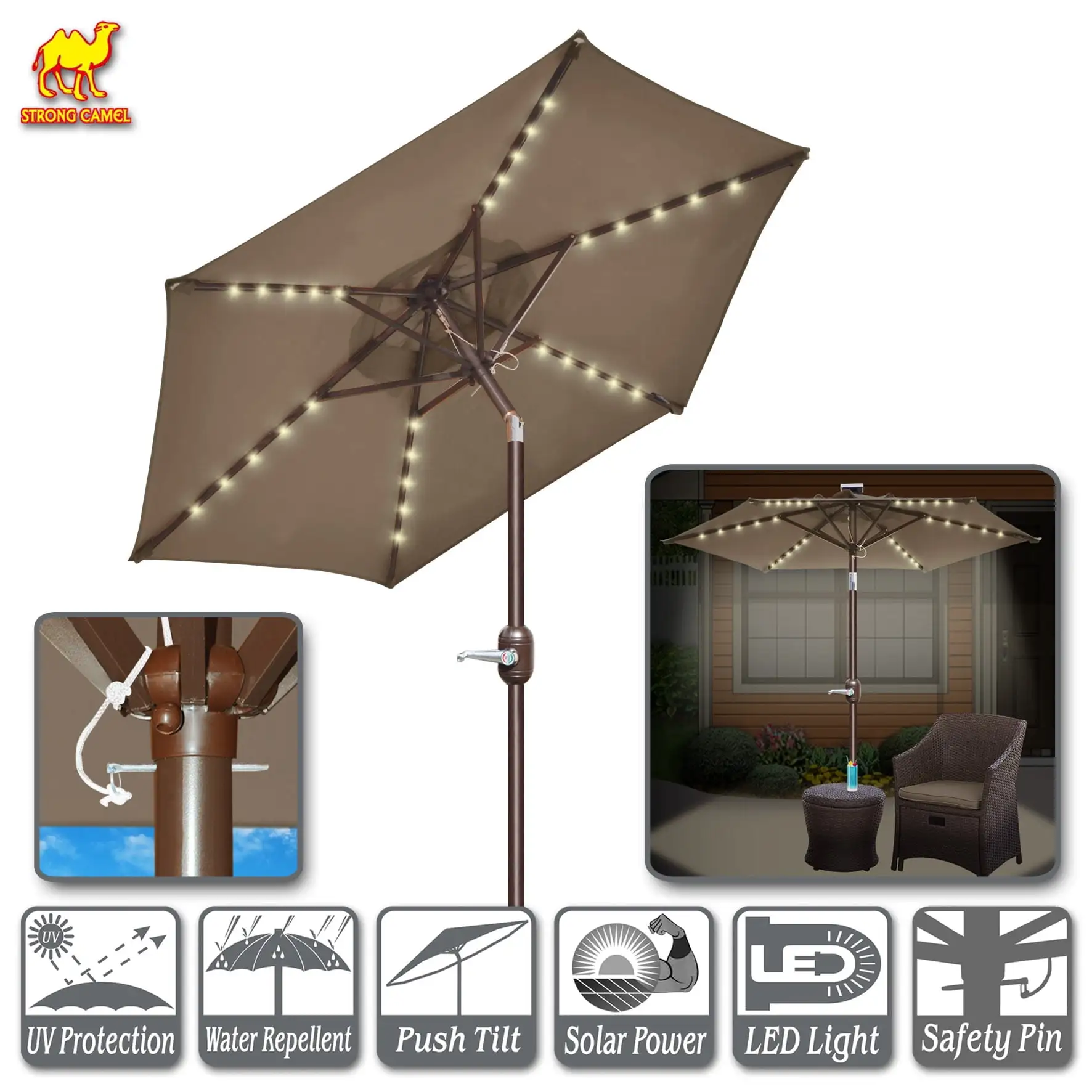 Sunny 6.5ft Outdoor Patio Umbrella LED Lighted Tilt Aluminum Garden Market Balcony Sunshade