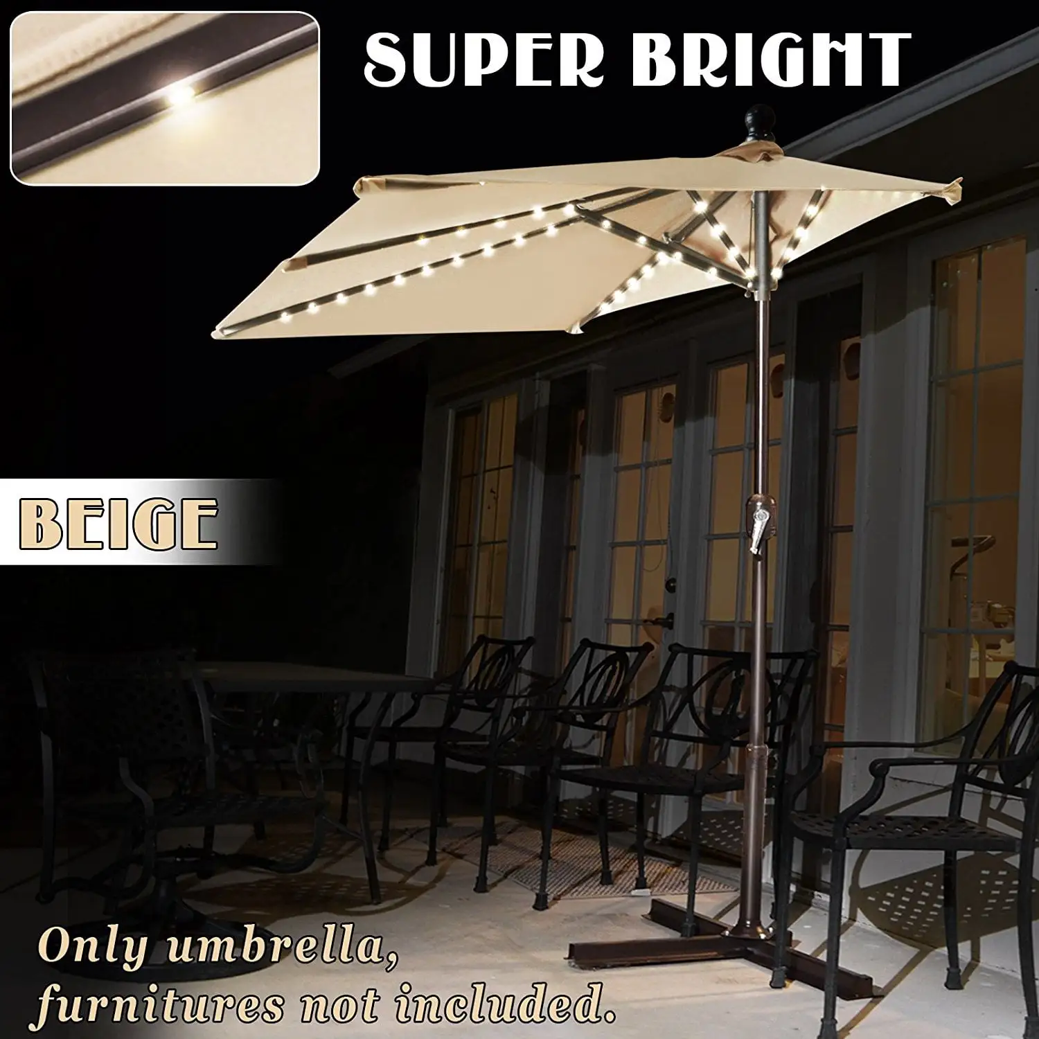 Sunny 8.2'x 4' Patio Half Umbrella Battery Powered LED Light Wall Balcony Sun Shade Garden Outdoor Parasol Dome Top (Beige)