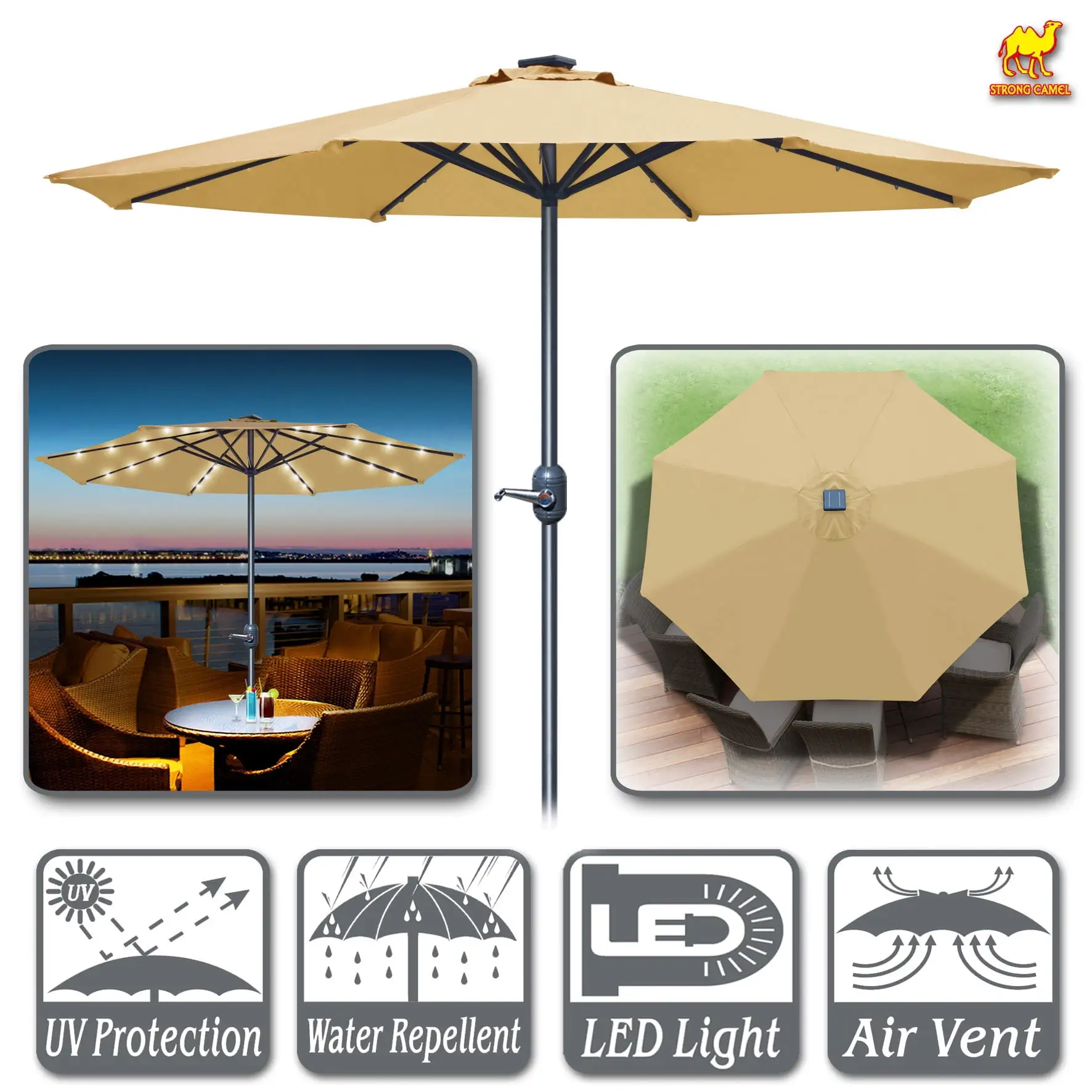 Sunny 9' Aluminum Solar Powered Patio Umbrella 24 LED Light Parasol Sunshade with Crank (Beige)