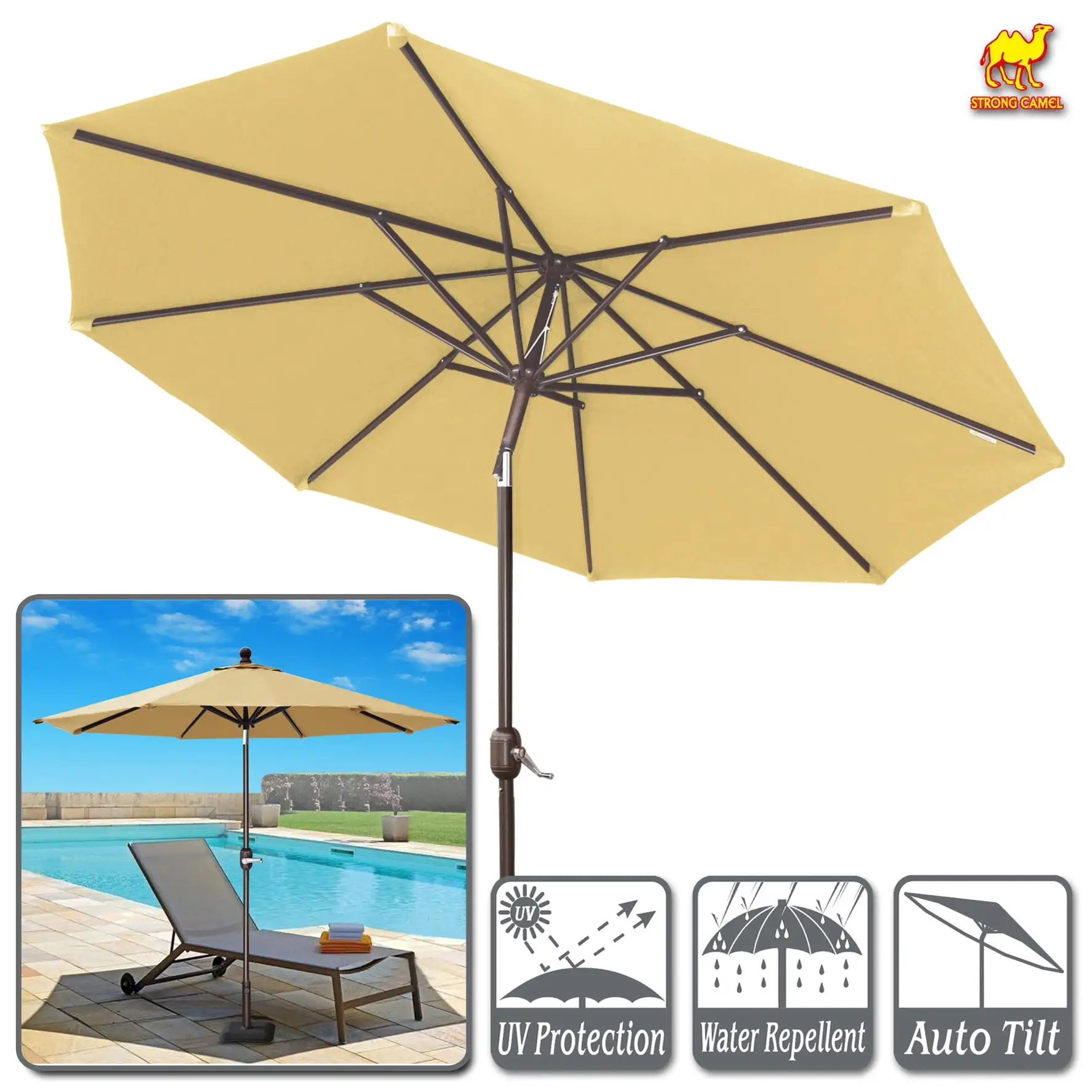 Sunny 9 Ft Aluminum Patio Umbrella with Auto Tilt and Crank With Polyester Cover Alu. 8 Ribs Outdoor Table