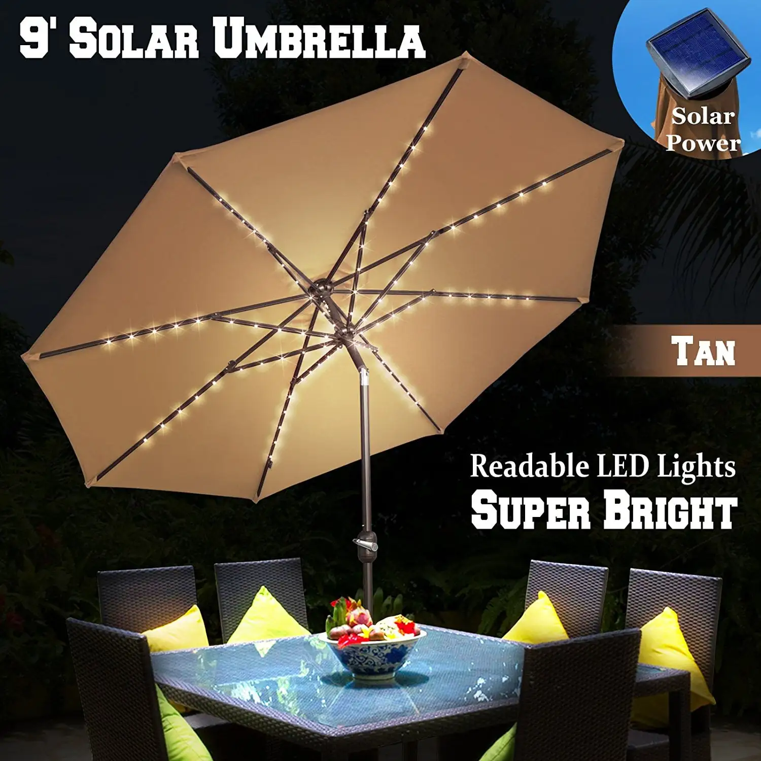 Sunny 9' Solar Patio Umbrella 80 LED Light Garden Tilt Crank Outdoor Sunshade (Tan)