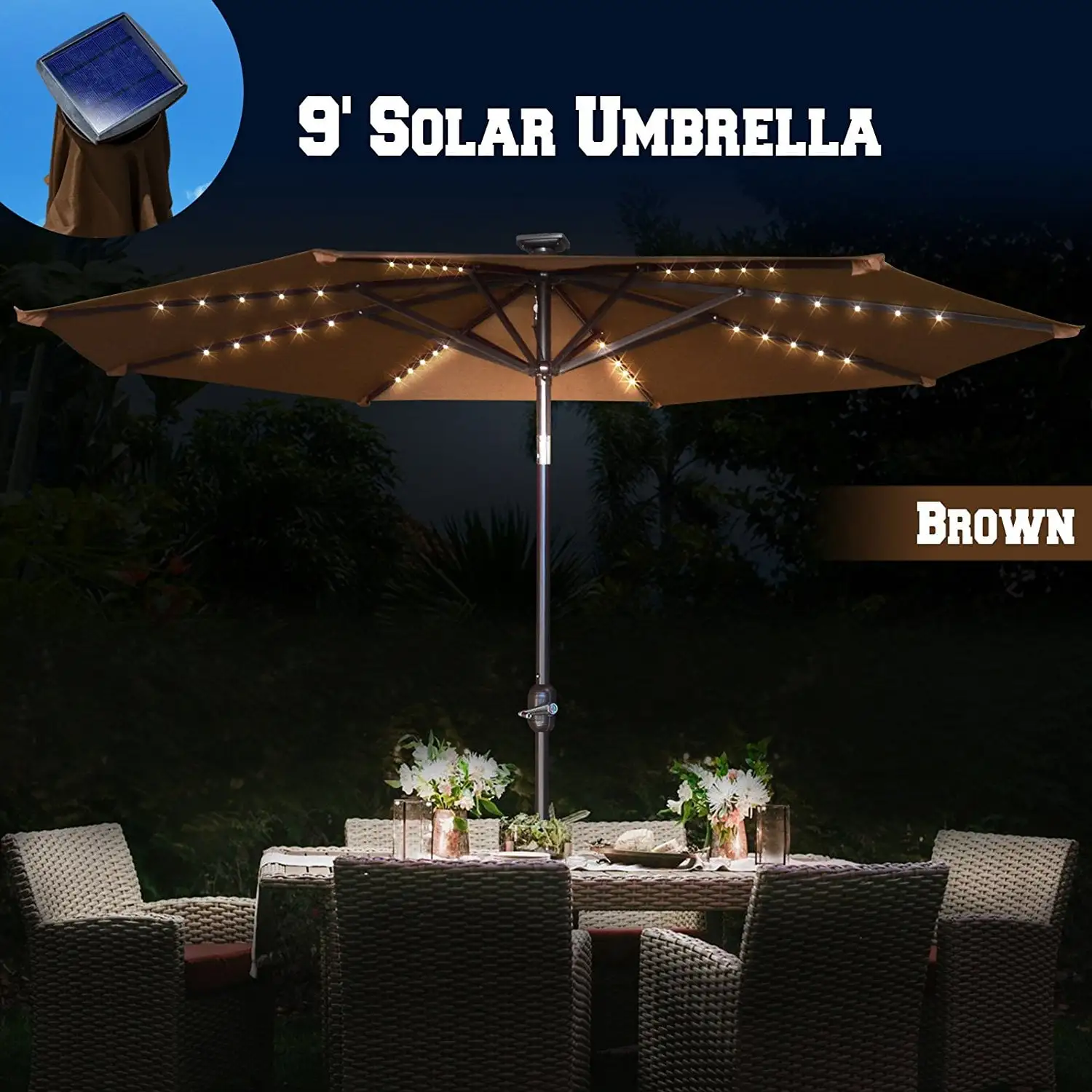 Sunny 9ft Solar Light Patio Umbrella Tilt Aluminum Sunshade Outdoor Garden Market Balcony (Brown)