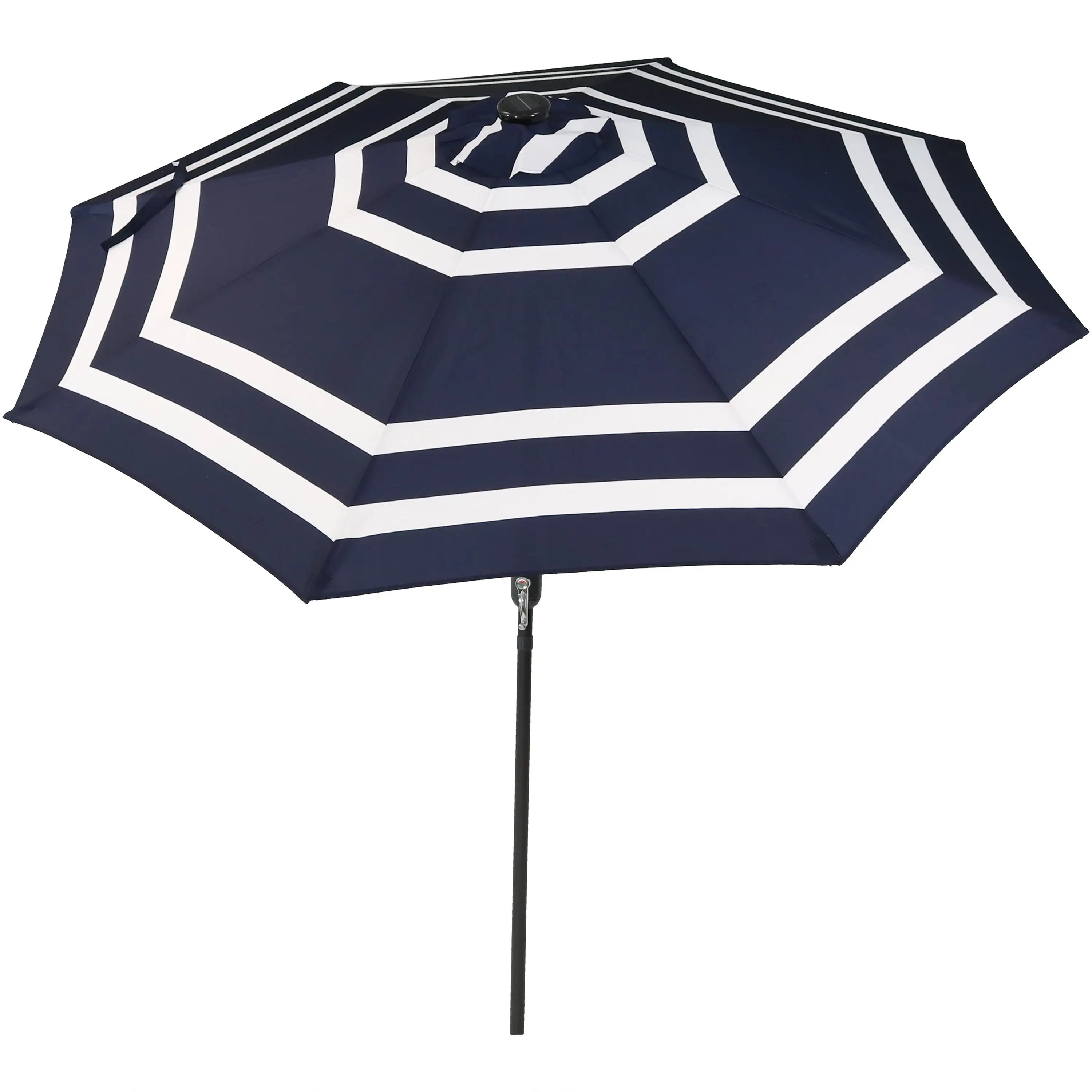 Sunnydaze Solar LED Lighted 9' Aluminum Umbrella with Tilt & Crank - Navy Blue Stripe