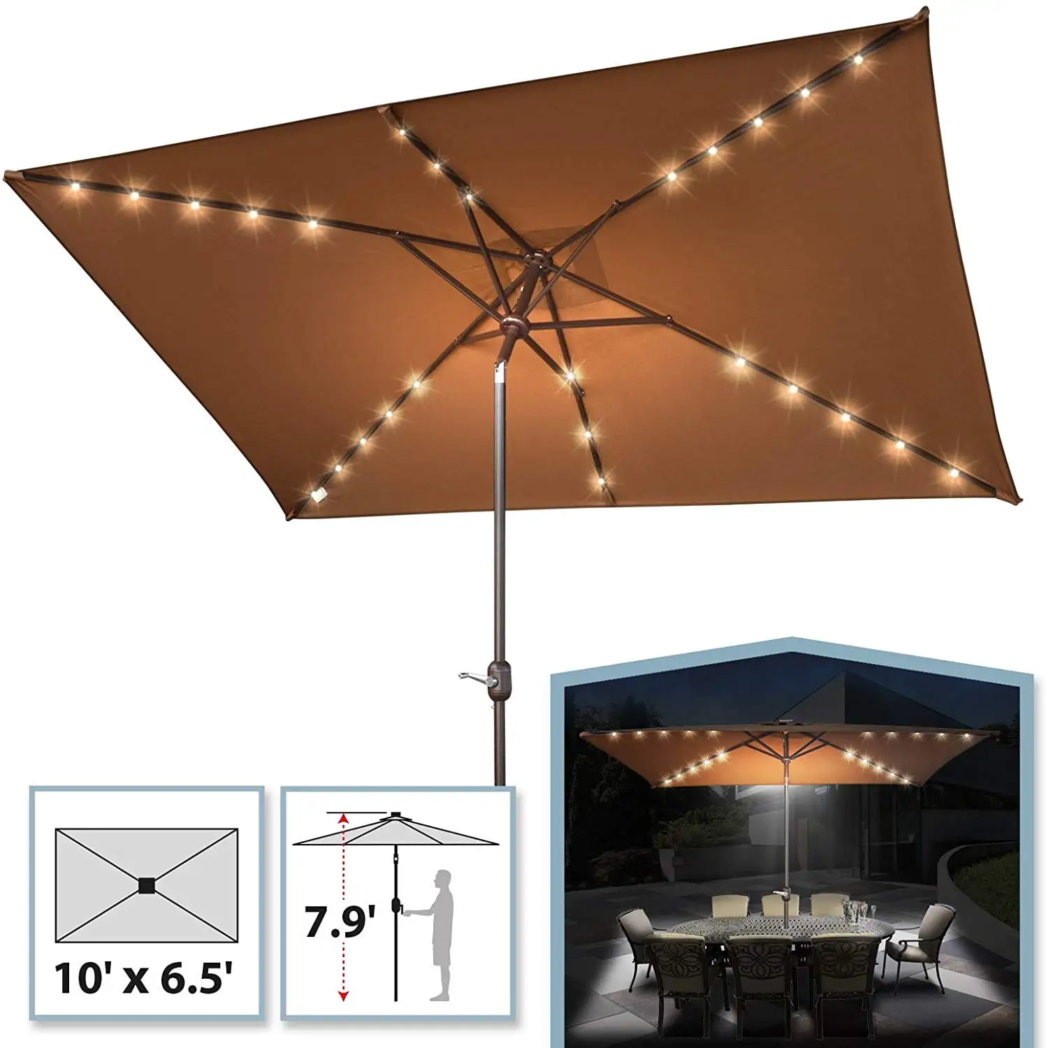 Sunrise 10'x6.5' Outdoor 26 LED Lights Patio Umbrella Rectangle Sunshade Umbrella (Brown)