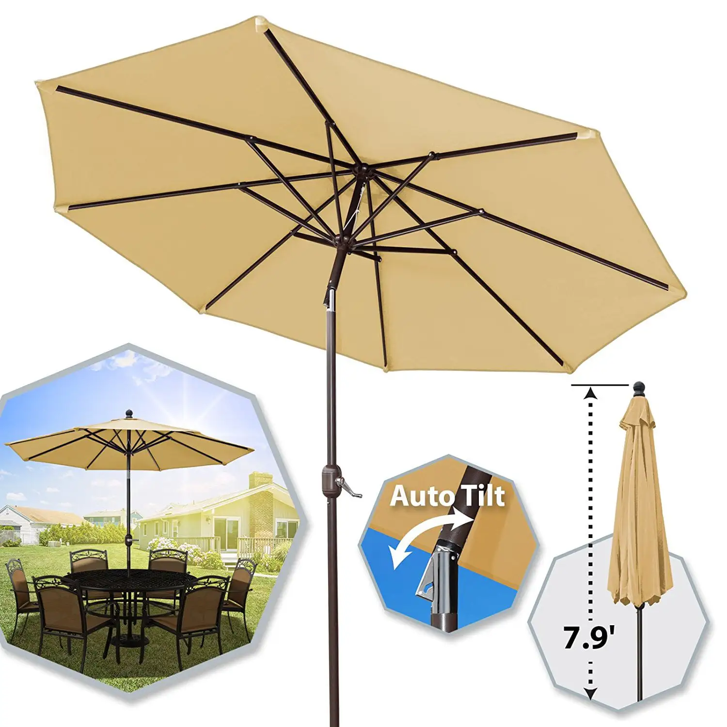 Sunrise 9' Outdoor Talbe Aluminum Patio Umbrella with Auto Tilt and Crank. Polyester Cover with 8 Aluminm Ribes (Beige)