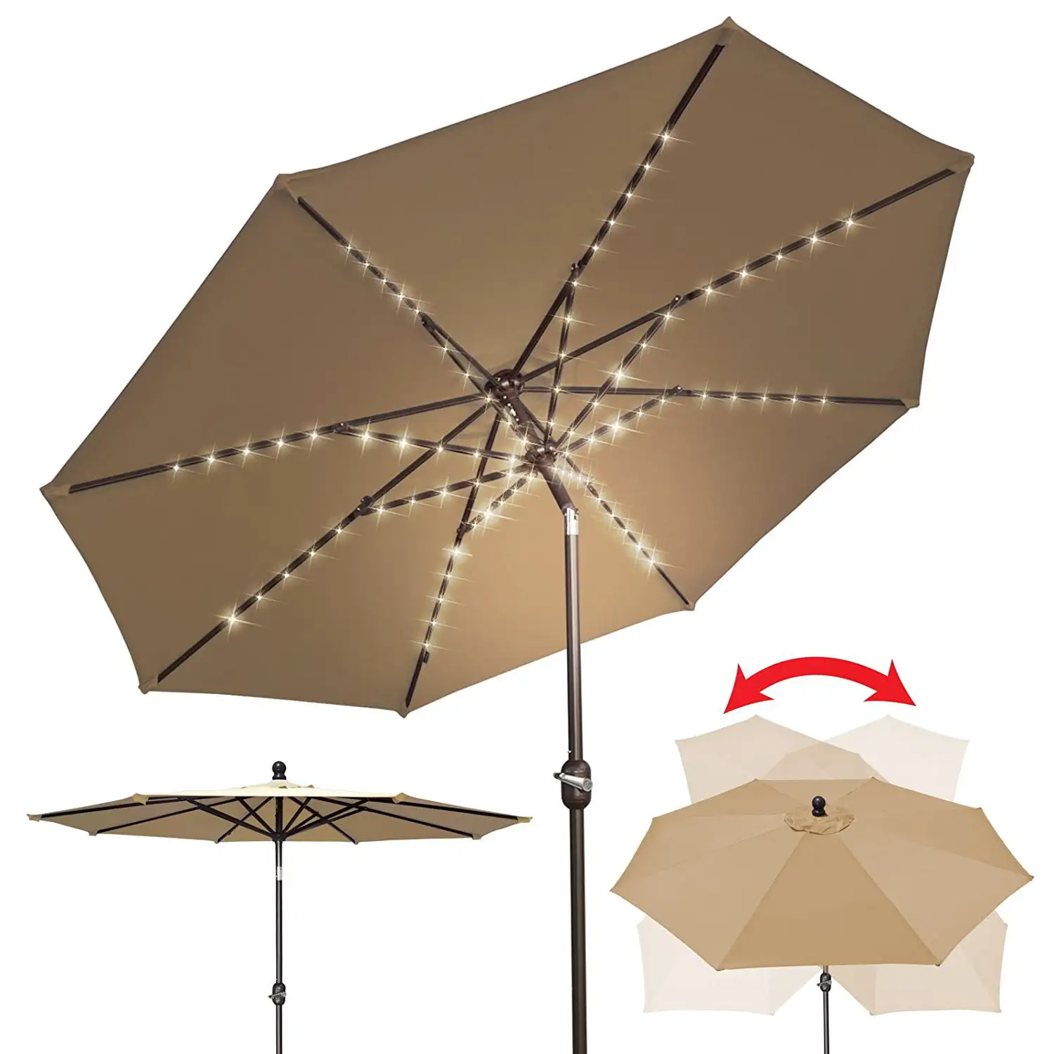 Sunrise Outdoor Patio 9' Battery Operated 80 LED Lighted Umbrella with Crank Tilt (Beige)