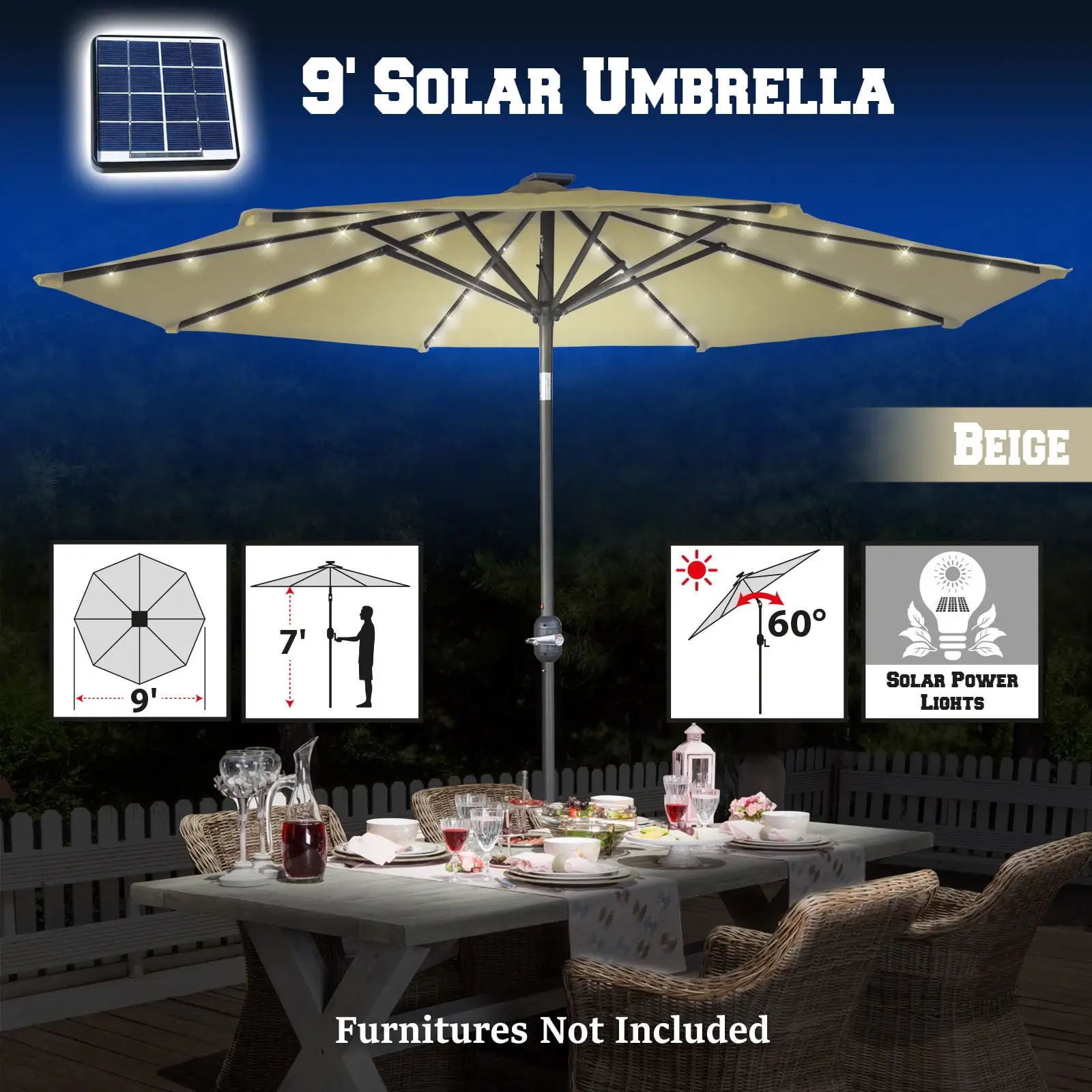 Sunrise Outdoor Patio 9' Solar LED Lighted Umbrella Market. 8 Aluminium ribs with Tilt and Crank Parasol Table Sunshade Umbrella (Beige)