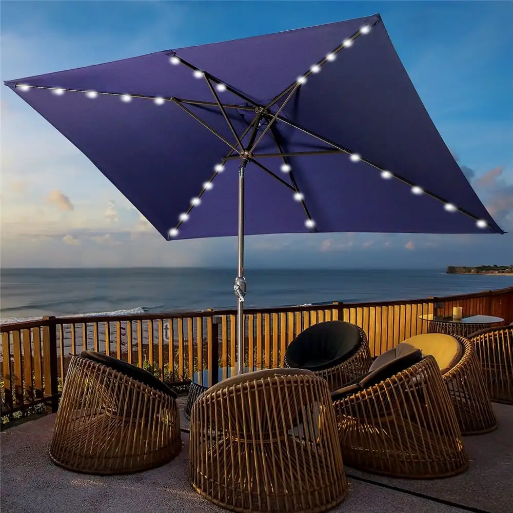 Superjoe 6.5??10 ft Outdoor Patio LED Umbrella Solar Powered Aluminum Pole with Push Button .Navy Blue