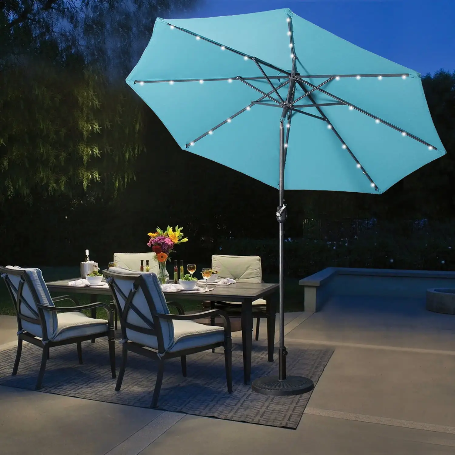 Superjoe 9 ft Solar LED Lighted Patio Umbrella. Outdoor Umbrella with LED Bulb Tilt and Crank 8 Ribs. Lake Blue