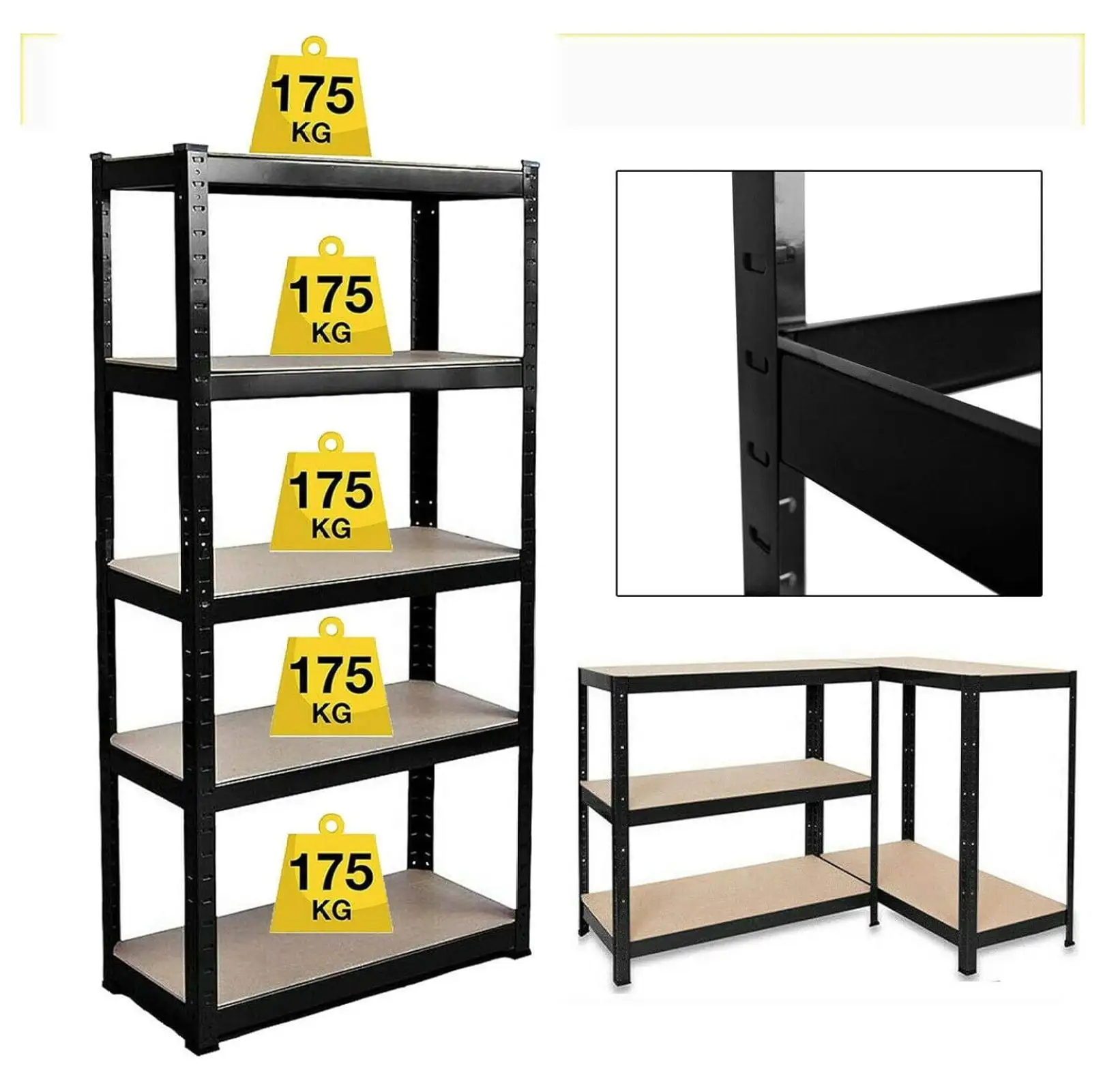 Superwum 5 Tier Garage Shelving Unit Heavy Duty Steel Metal Industrial Shelves Boltless Adjustable Racking Storage Shelf MDP Boards Max 875KG Capacity 28L x 12D x 59H (Black)