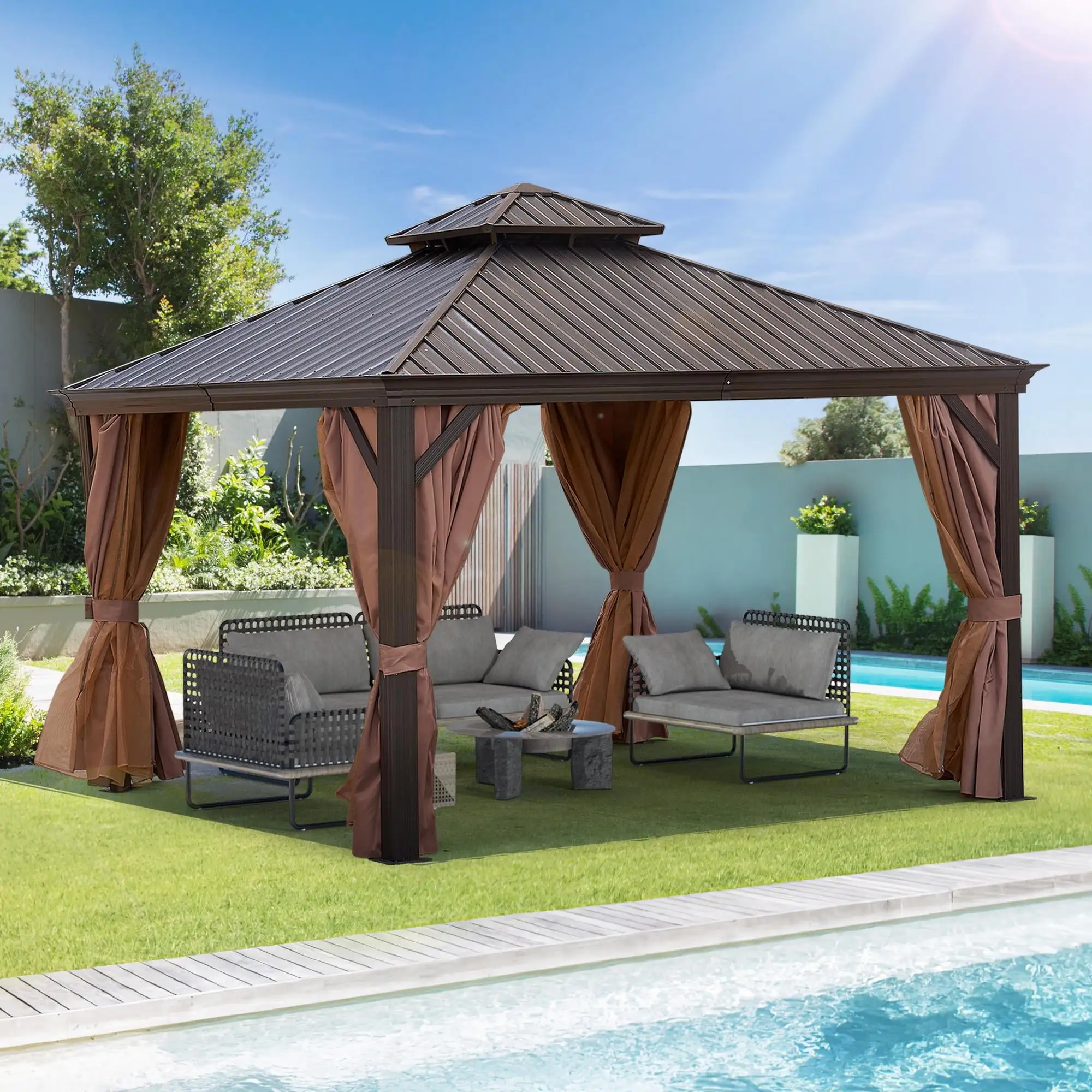 Syngar 12' x 12' Patio Hardtop Gazebo. Outdoor Upgraded Double Roof Gazebo with Mosquito Netting and Curtains. Aluminum Frame Permanent Canopy for Patio. Garden. Backyard. Lawn. Bronze