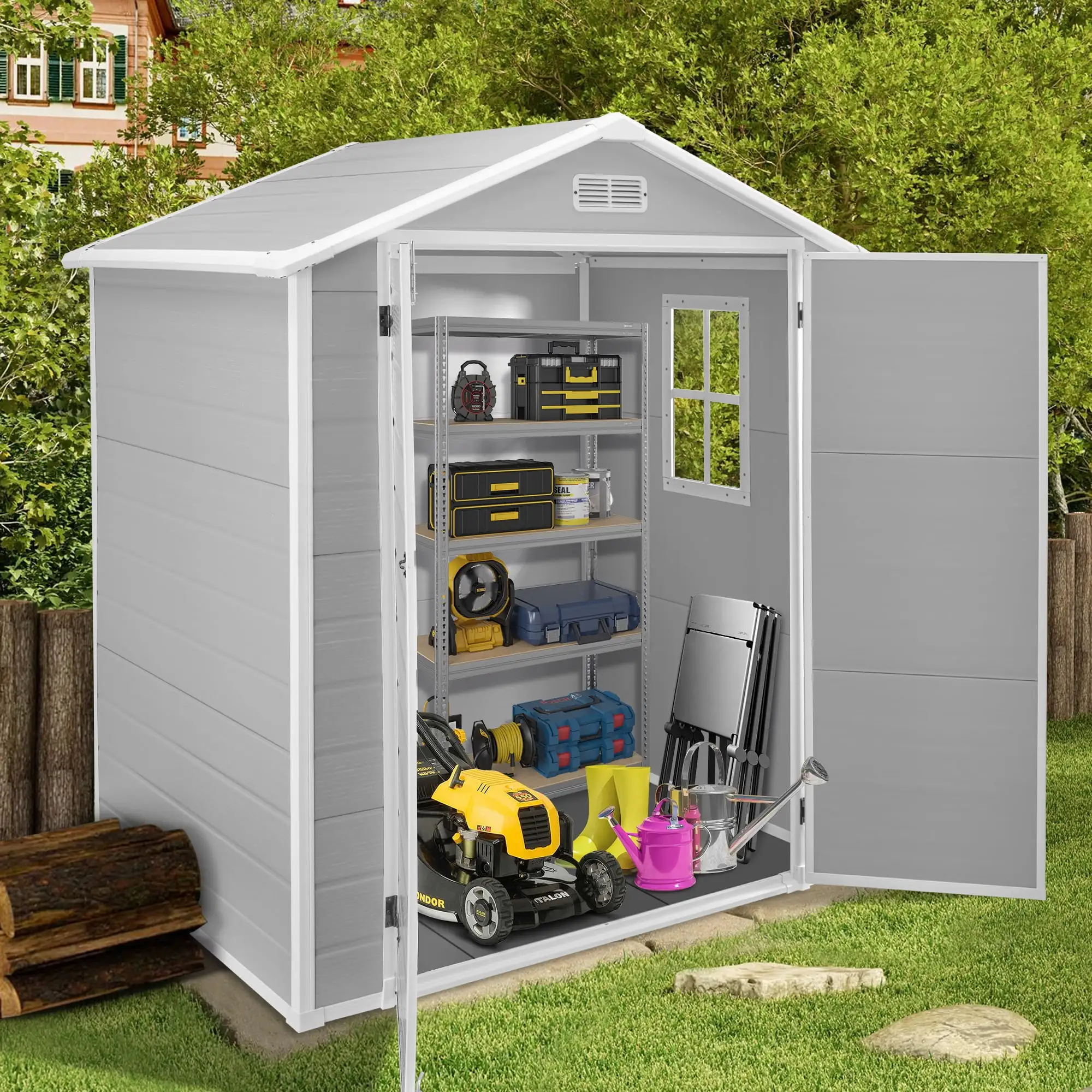 Syngar 6ft x 4ft Outdoor Plastic Storage Shed. All-Weather Tool Shed with Reinforced Floor. Pitched Roof and Double Lockable Doors. Large Garden Shed for Bikes. Lawnmowers. Trash Cans. Grey & White