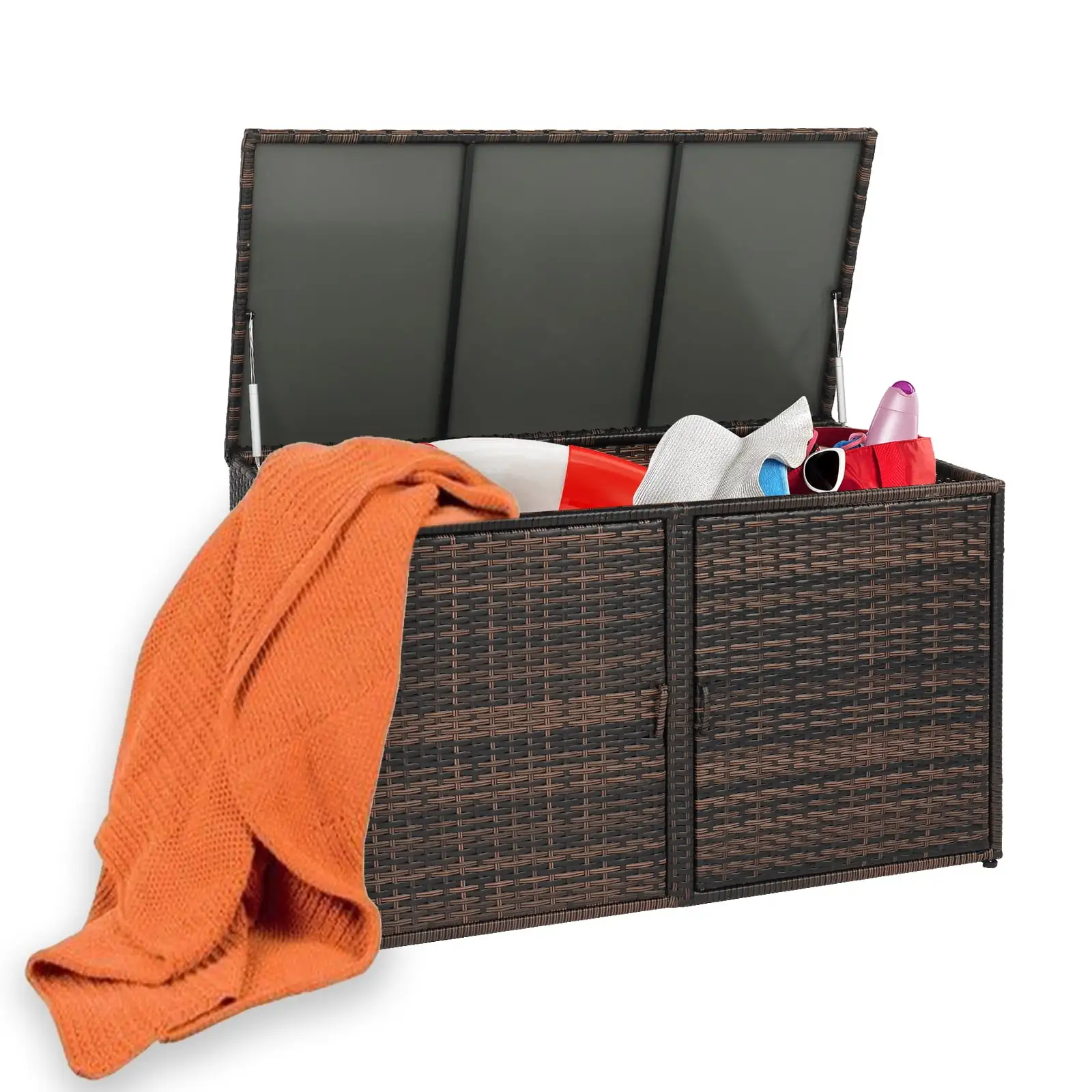 Syngar Outdoor Brown Wicker Storage Box. Garden Deck Box with Lid. Double Doors and Shelves. All-Weather Rattan Bin Box. Patio Storage Box for Pool Accessories. Tools. Toys