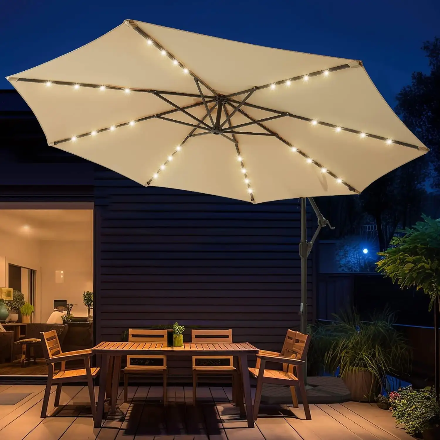 TLKJ 10ft Solar LED Offset Hanging Market Patio Umbrella for Backyard Poolside Lawn and Garden Easy Tilt Adjustment Polyester Shade & Cross Base Beige