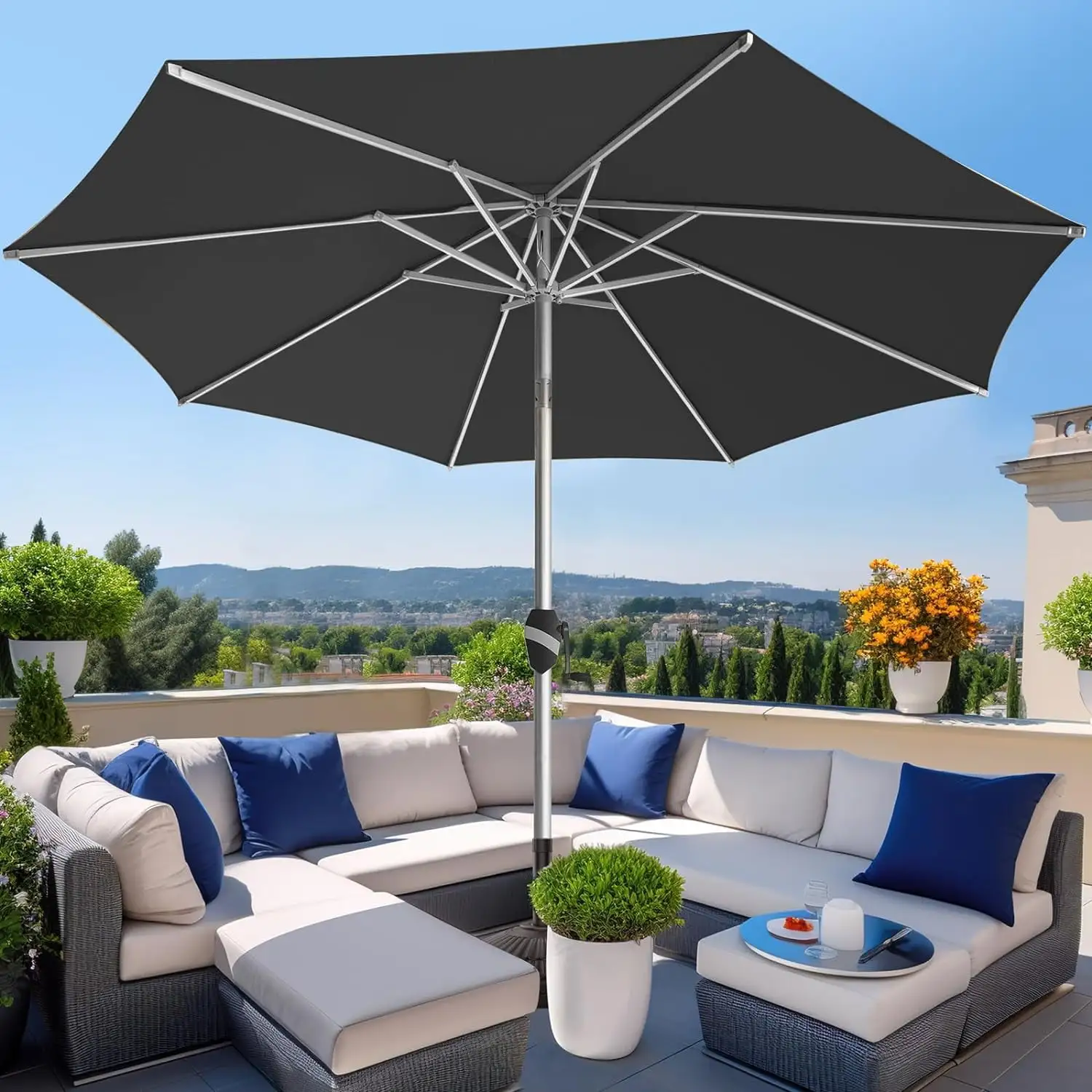 TLKJ 9 FT Aluminum Outdoor Patio Umbrella 5-YEAR Fade-Resistant Outdoor Market Table Umbrella with Push Button Tilt for Pool Deck Garden and Lawn (Navy Blue)