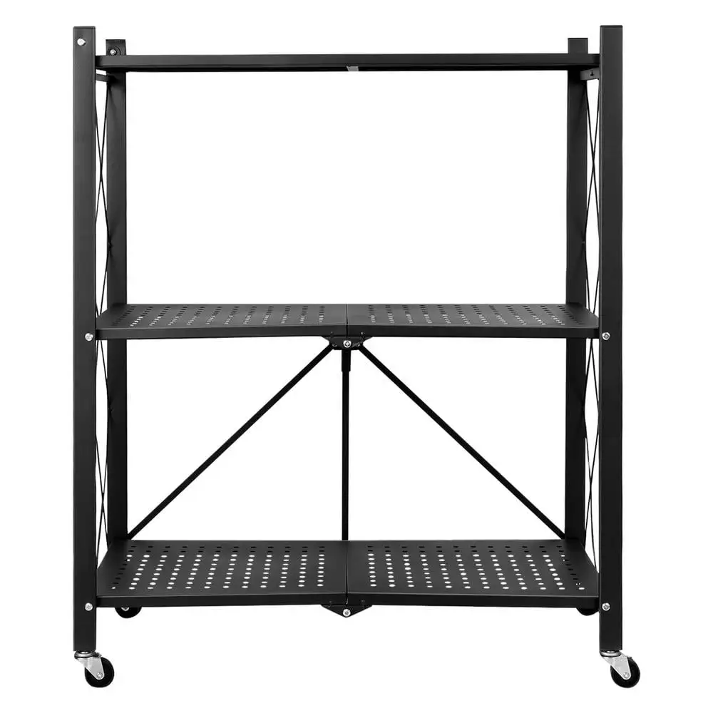 TOPATY Folding Storage Rack | Heavy Duty Rack Bookshelf | 3 Tier Book Shelf with Wheels. Metal Shelf Rack No Assembly Shelves. Storage Shelf for Kitchen. Laundry. Garage