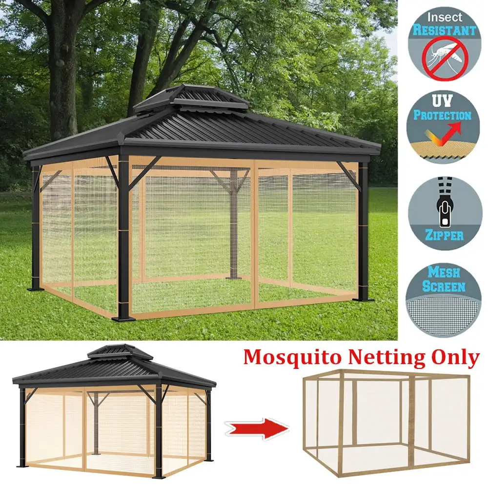 TOPCHANCES Universal Replacement Canopy Mosquito Netting 4-Panel Screen Sidewalls Only for 10' x 10' Gazebo Canopy. Khaki