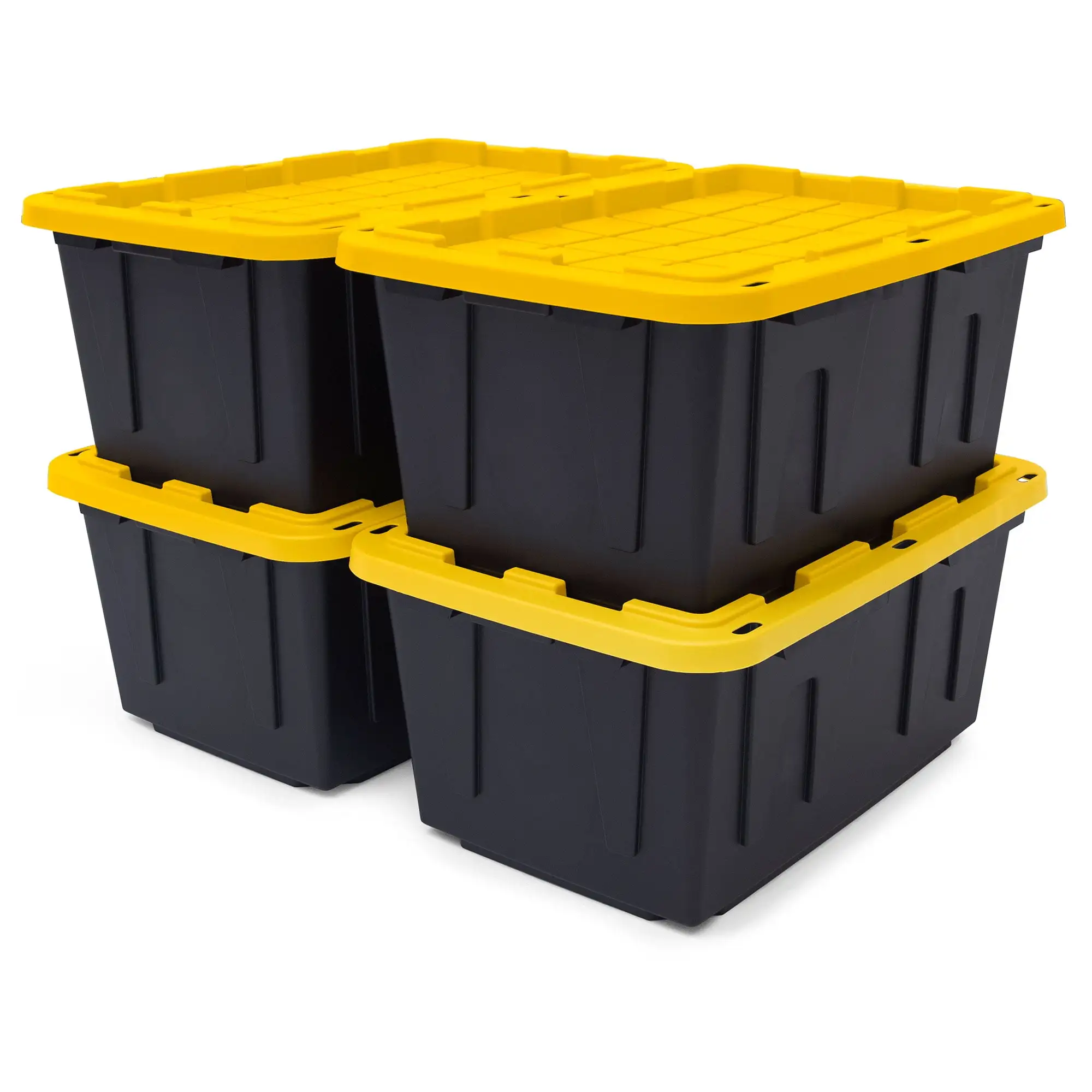 TOUGH BOX 27 Gal Stackable Storage Totes w/ Lids. Black and Yellow (4 pack)