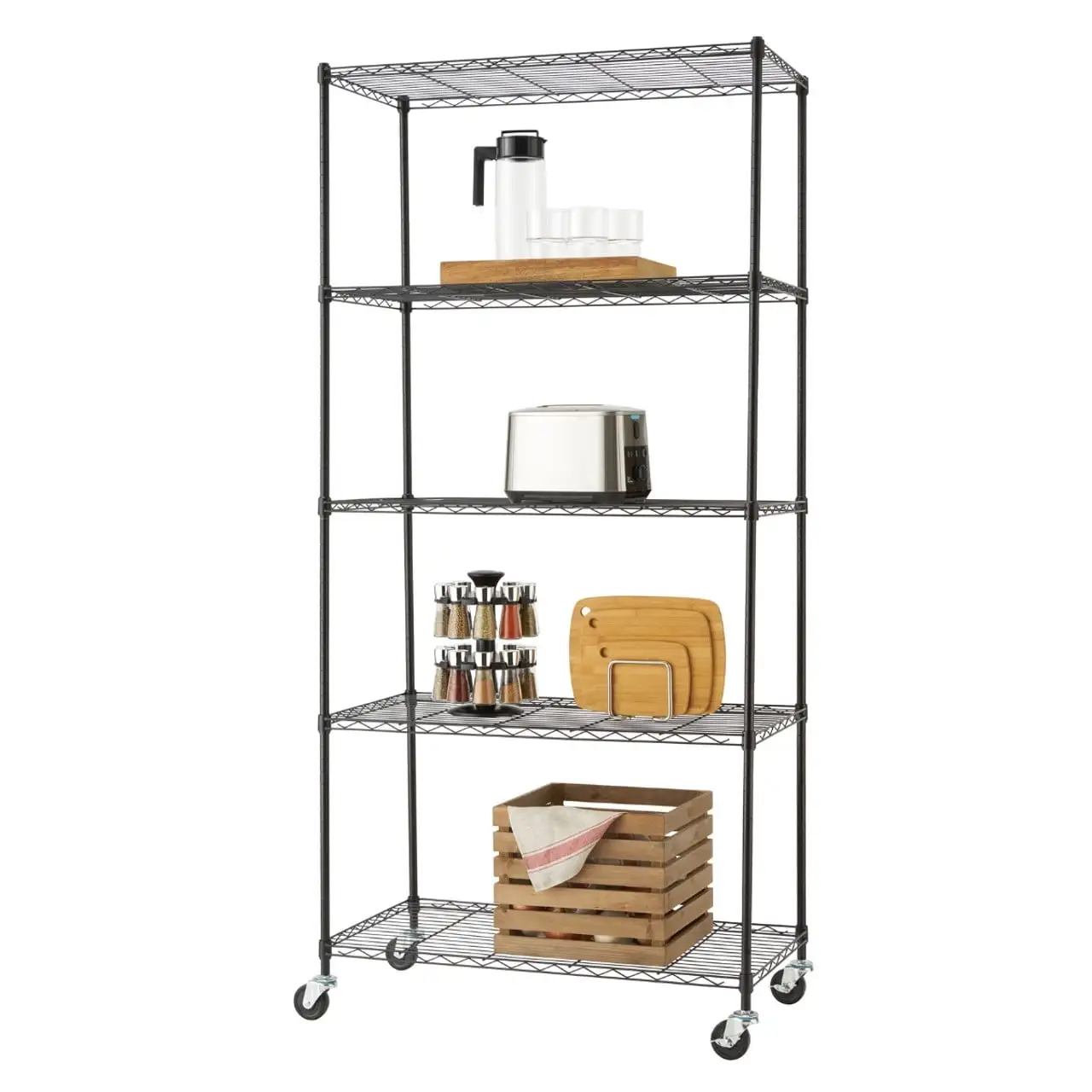 TRINITY BASICS 5-Tier 36x18x72 Wire Shelving w/ Wheels. NSF - Black