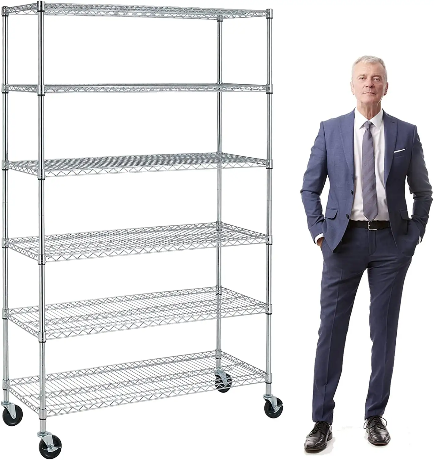 TYNB. Metal Storage Rack 6000 Lbs Capacity. 6 Tier Metal Shelf with Wheels 48In L??18In W??76In H NSF Height Adjustable Movable Heavy Duty Wire Shelving Unit. Chrome. 776 c