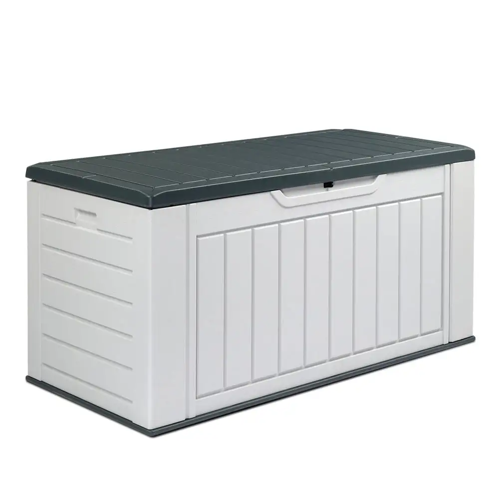 Tcbosik 150 Gallon Large Deck Box. Organizer and Storage for Patio Furniture. Outdoor Cushions. Garden Tools and Pool Toys. Gray and White