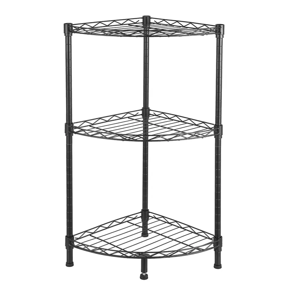 Tcbosik 3 Tier Small Corner Wire Shelving Unit with Adjustable Shelves for Kitchen Pantry Laundry Bathroom Closet. Black