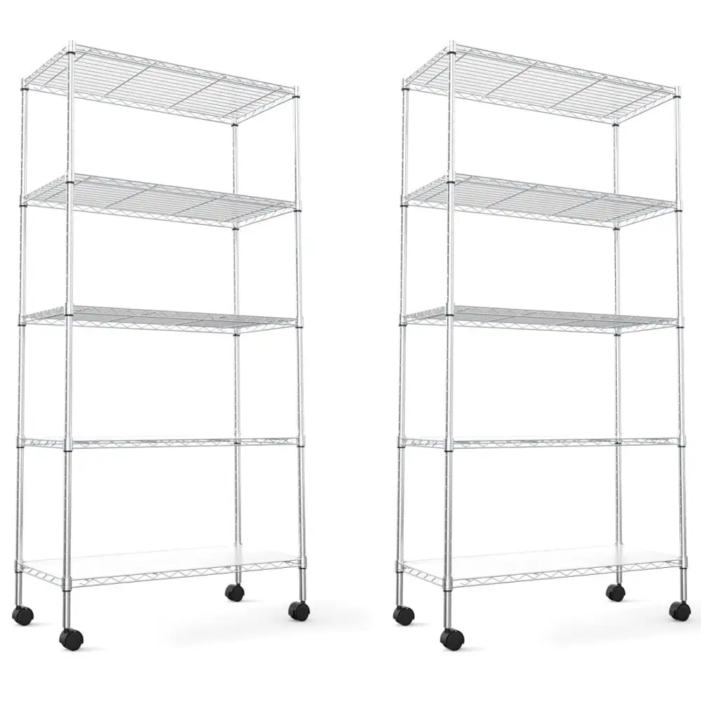 Tcbosik 5 Tier NSF Metal Shelf Wire Shelving Unit. 750lbs Capacity Heavy Duty Adjustable Storage Rack with Wheels & Shelf Liners for Closet Kitchen Garage. 60H x 30W x 14D - Chrome Set of 2