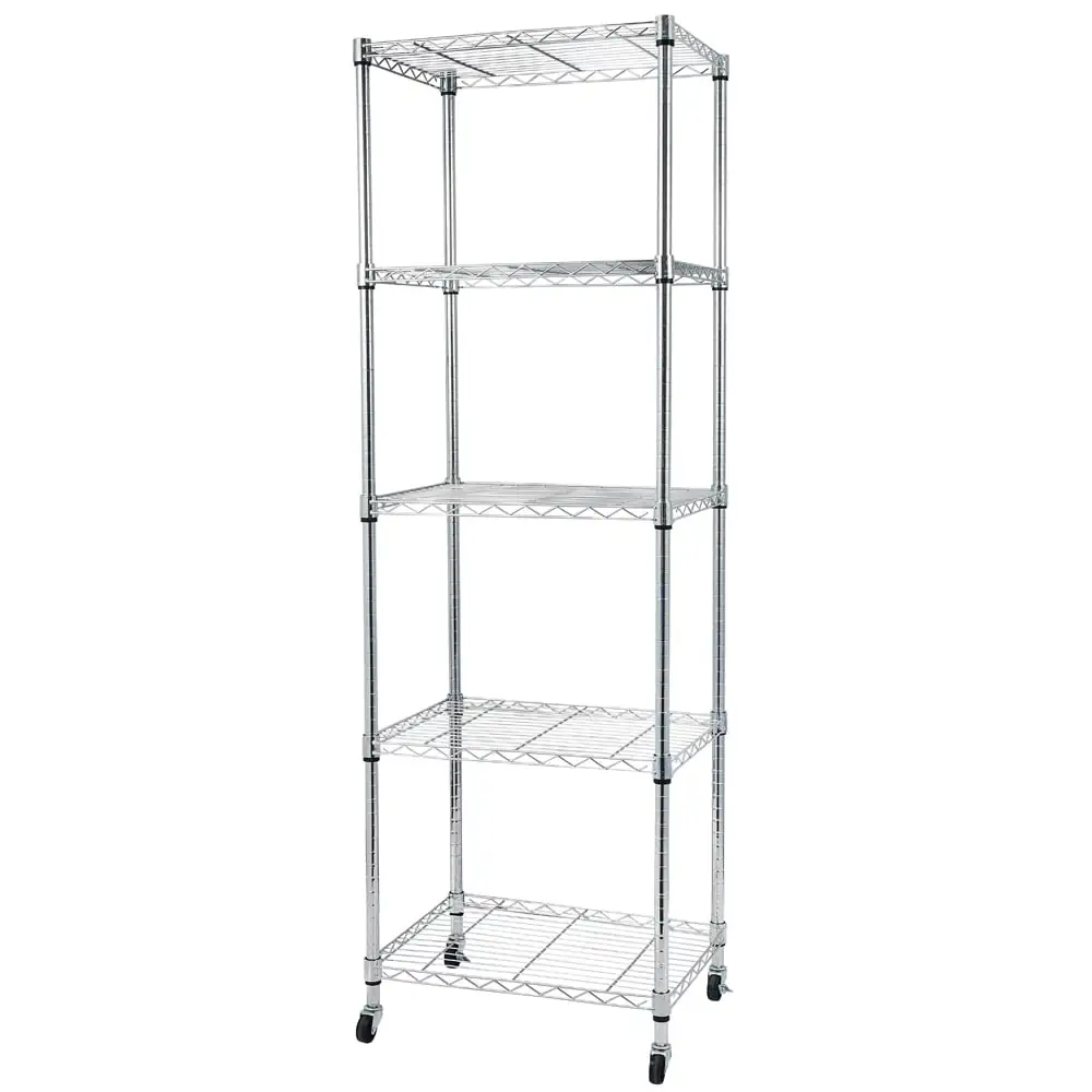 Tcbosik 5-Tier Wire Shelving with Wheels. Metal Storage Shelf for Garage Kitchen. Silver